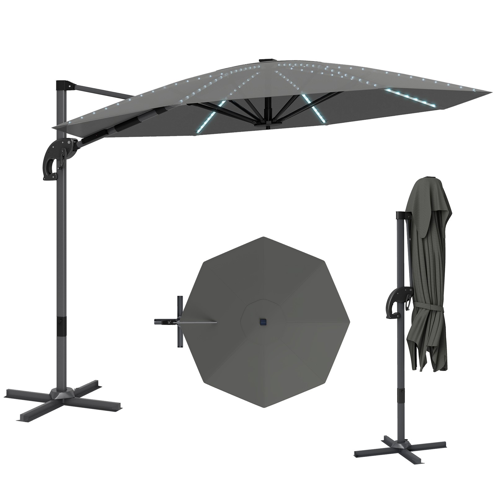 Outsunny 3(m) Garden Parasol w/ Lights, Crank Handle & Cross Base, Dark Grey
