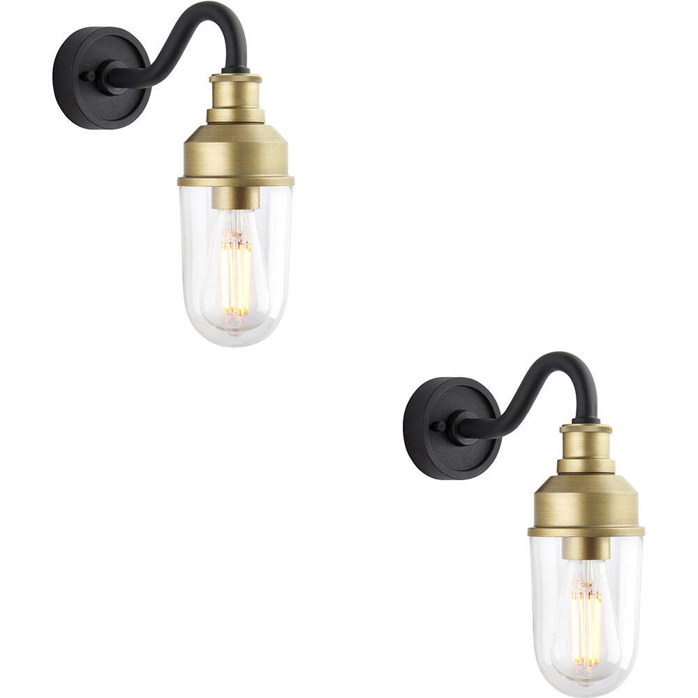 2 PACK IP44 Outdoor Wall Light Textured Black & Gold Curved Arm Porch Lamp