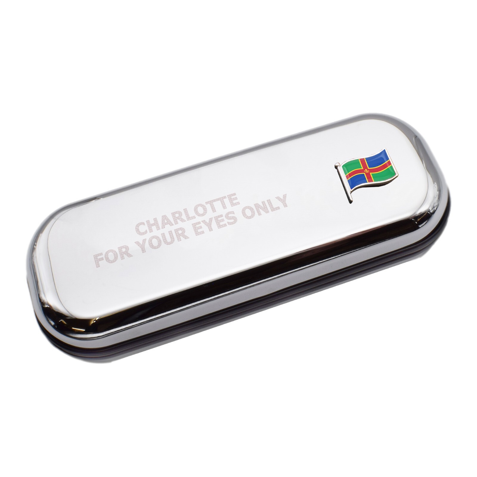 Lincolnshire Wave Flag & Engraved With Message Chromed Glasses Case Box