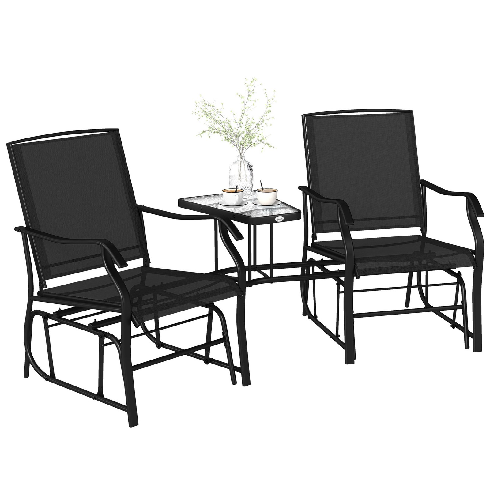 Outsunny Double Glider Companion Rocking Chairs Loveseat Garden Table Black