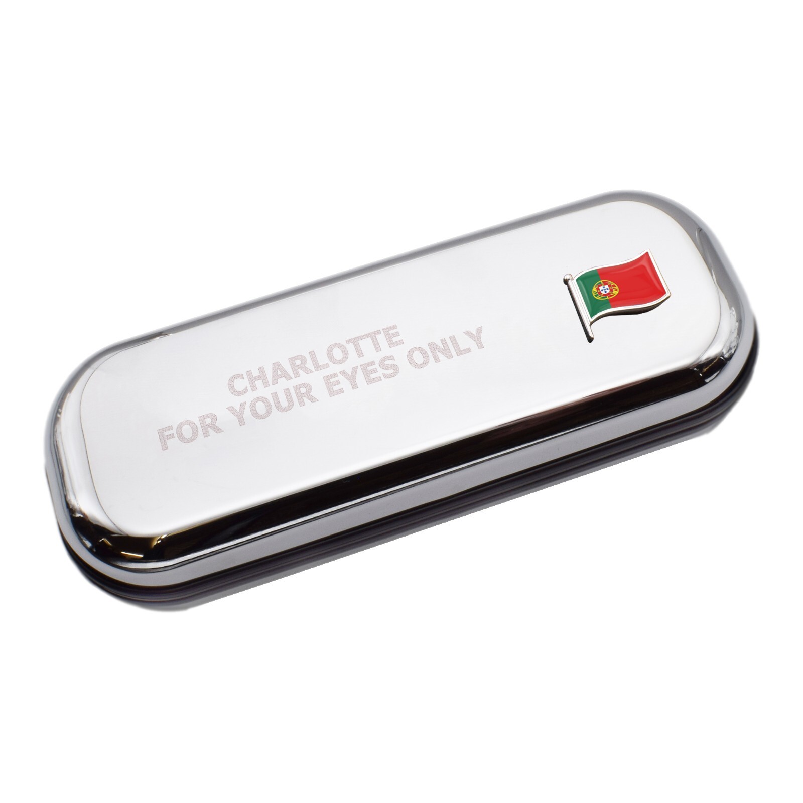 Portugal Wave Flag & Engraved With Message Chromed Glasses Case Box