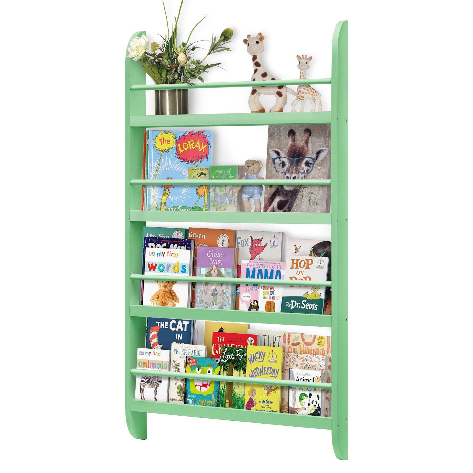 Green 4-Tier Wall Mounted Children Bookcase Display Bookshelf Storage Unit Rack