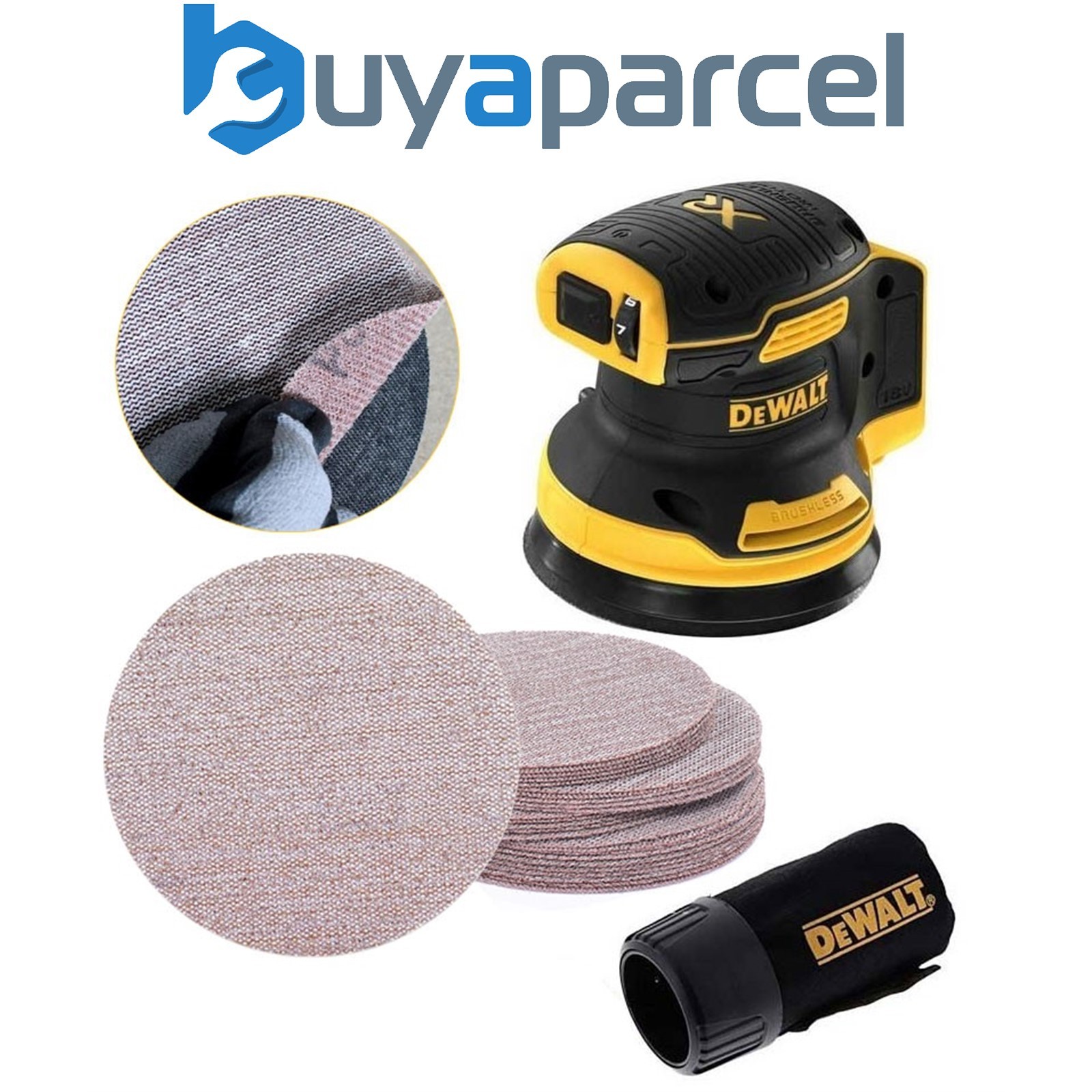 Dewalt DCW210N Cordless Brushless 18v XR Random Orbital Sander 125mm + 25 x Mesh