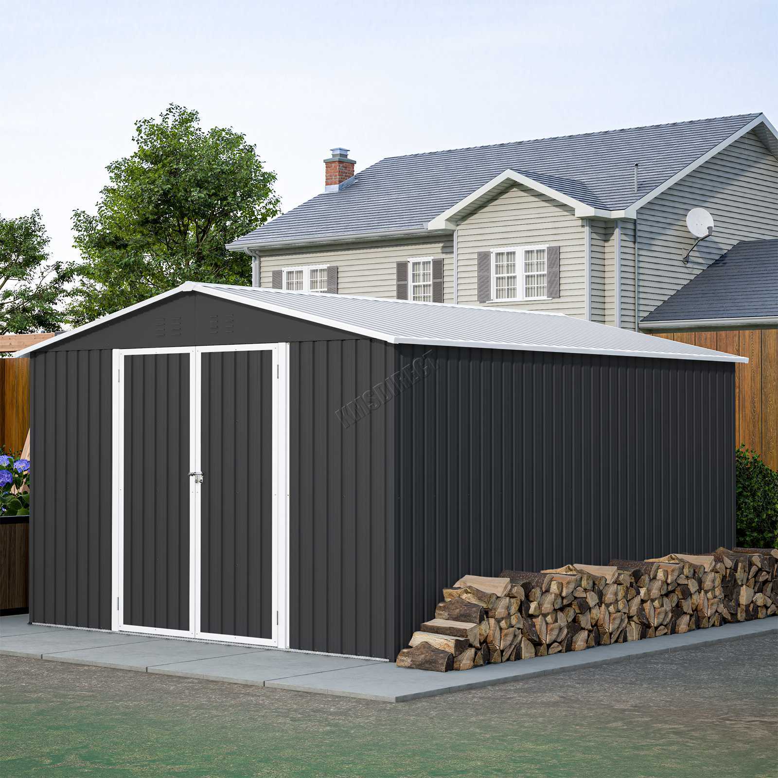Garden Shed 10X12FT Metal Apex Roof Free Foundation Storage House Anthracite
