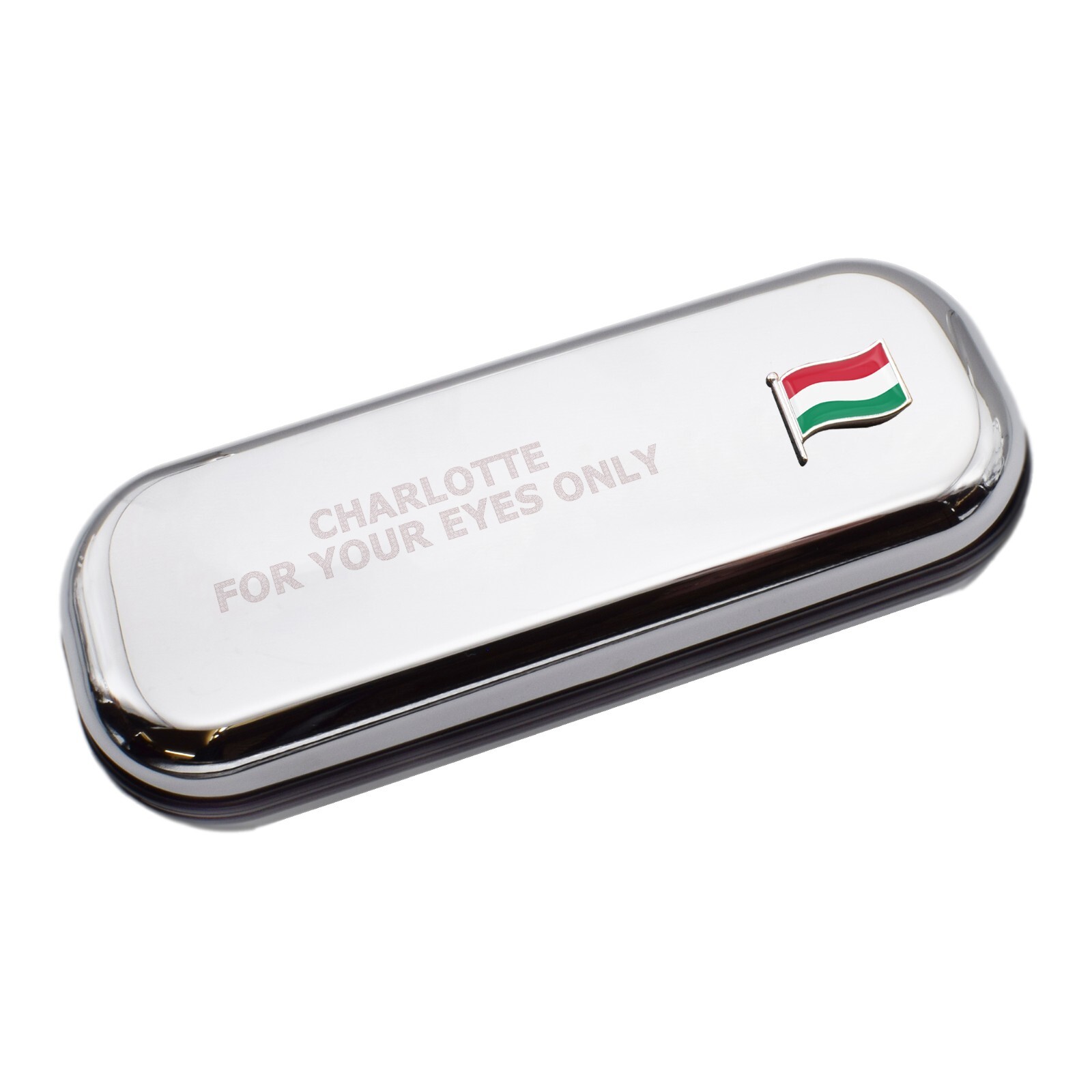 Hungary Wave Flag & Engraved With Message Chromed Glasses Case Box
