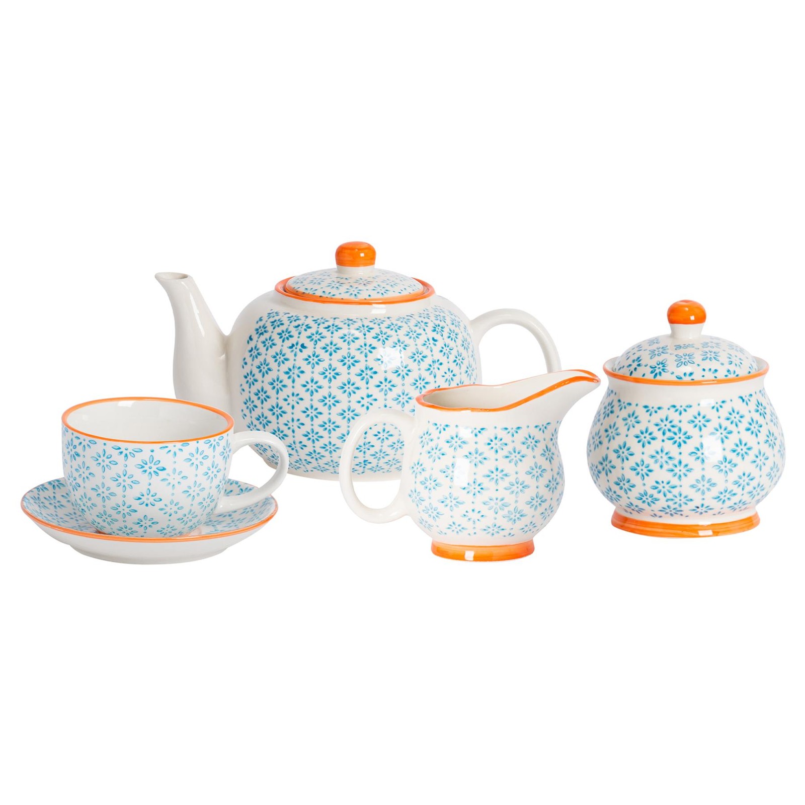 15 Piece Hand-Printed Tea Set Patterned Porcelain Teapot Cups Saucers Blue