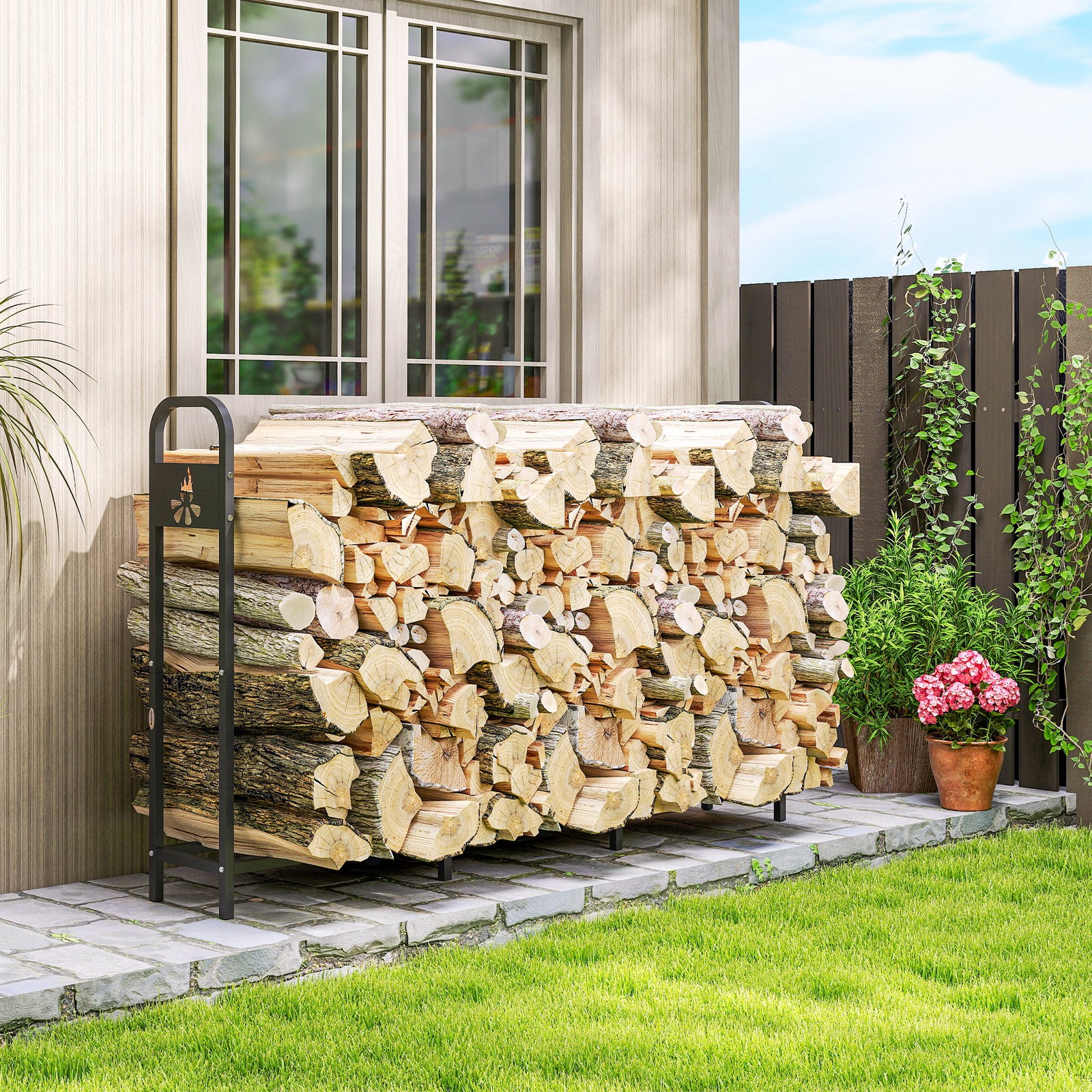 6.5FT Steel Firewood Log Rack, 300 kg Outdoor Fireplace Wood Storage Shelf