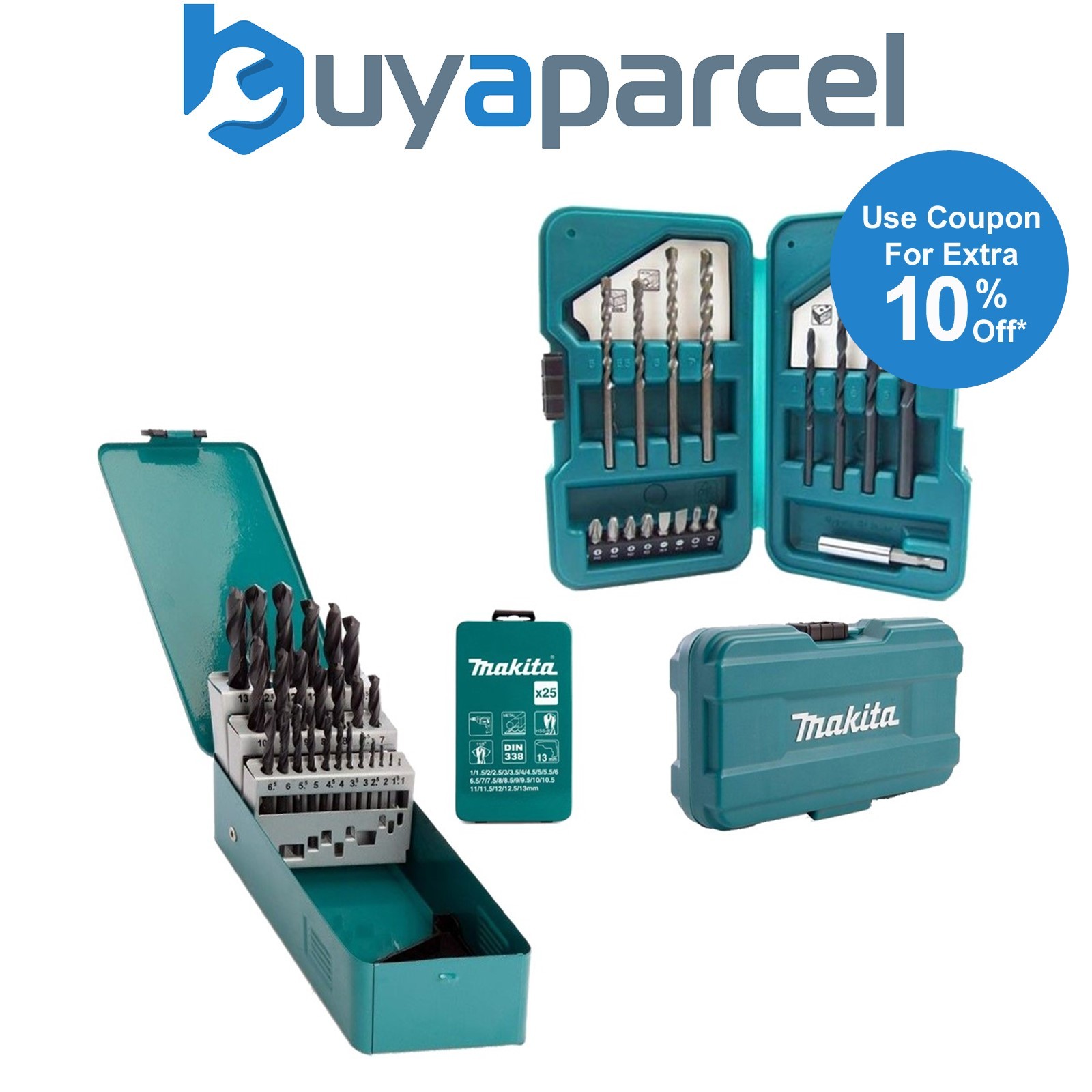 Makita D-54097 25PC Drill Metal HSS-R Drill 1-13mm + D-45858 17PC Masonry Wood