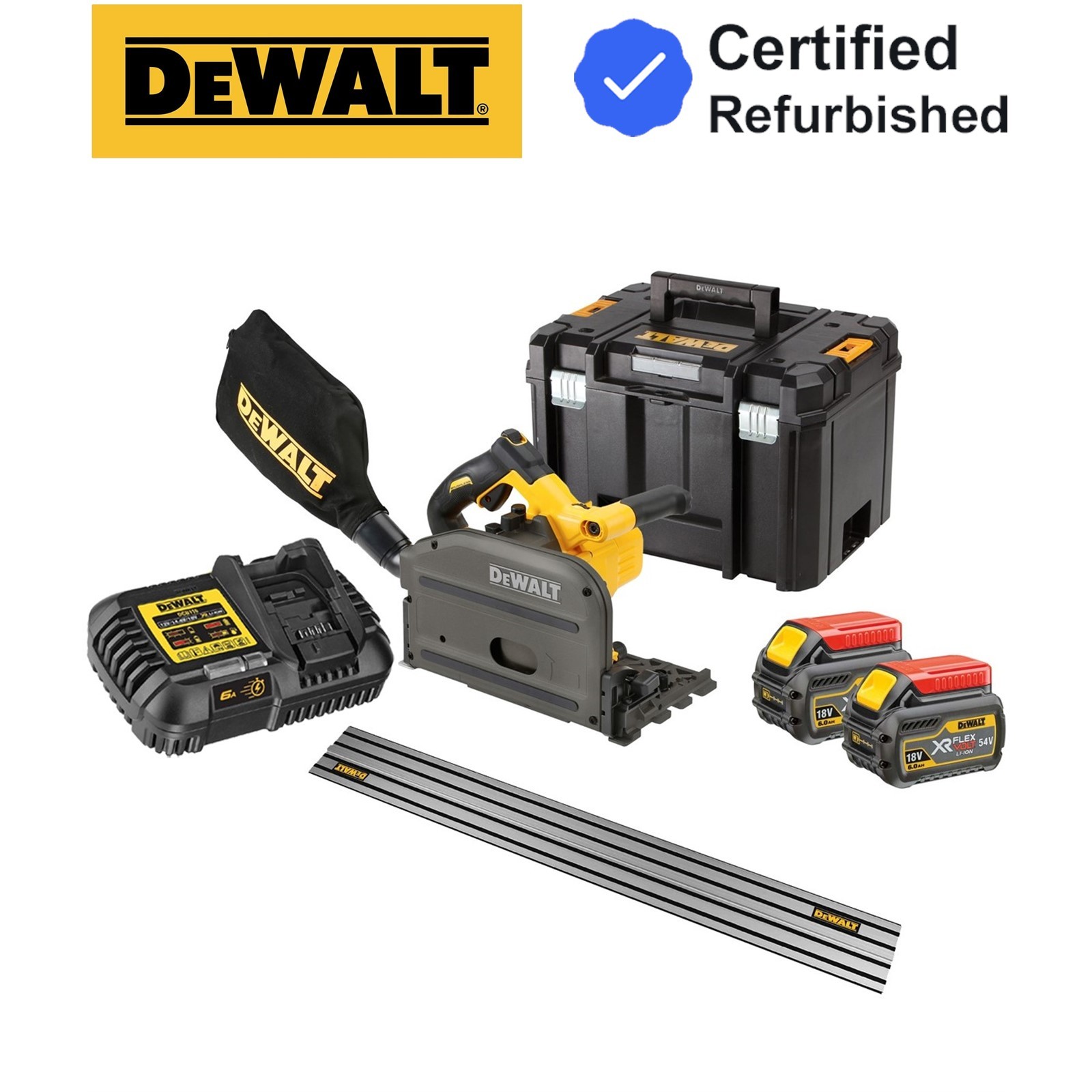 Dewalt DCS520T2 54v XR FLEXVOLT Cordless Plunge Saw 165mm -2x 6.0ah + Guide Rail