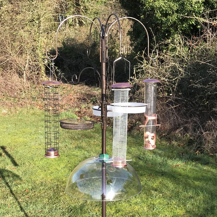 Metal Bird Feeding Station with 3 Copper Feeders, Stabilizer & Squirrel Baffle