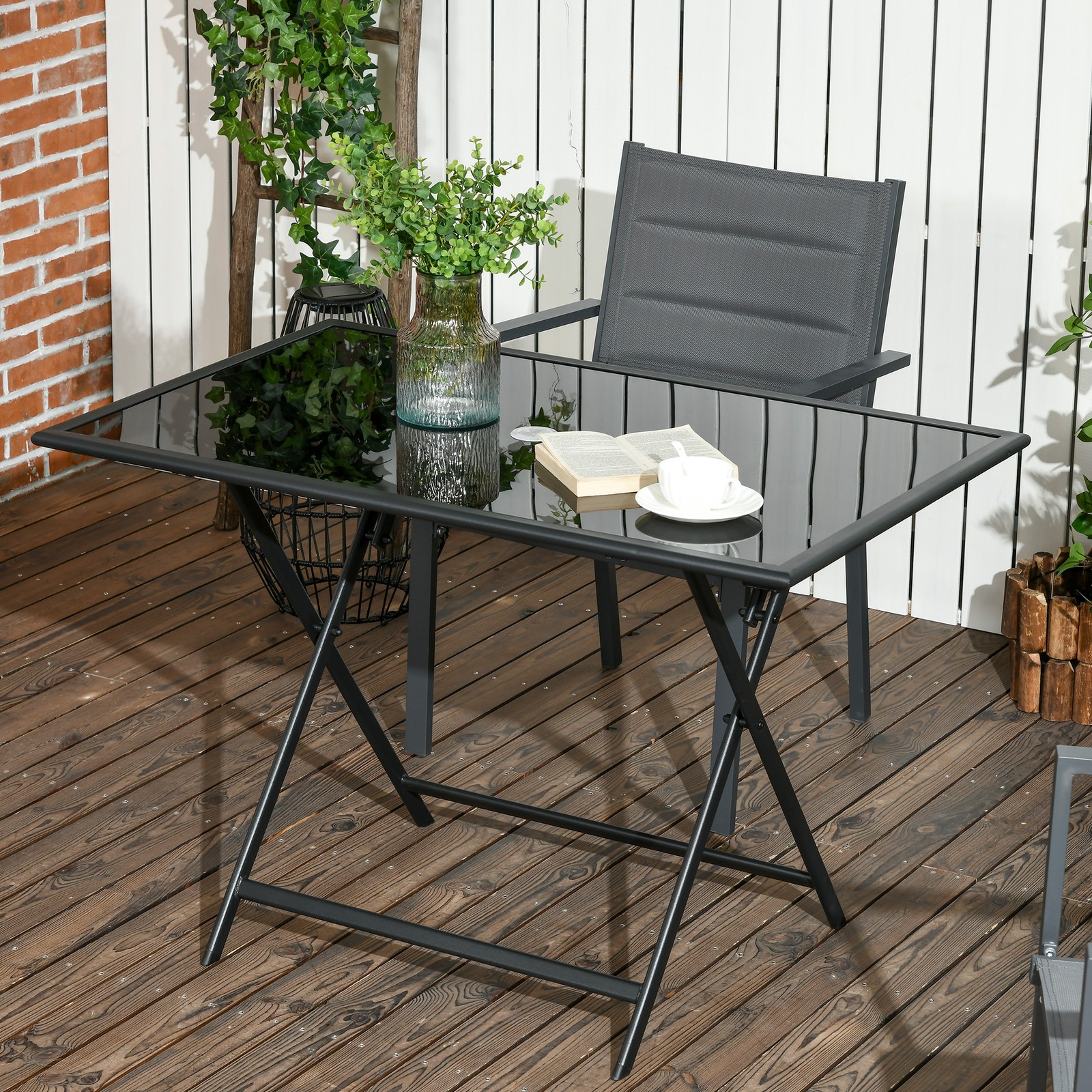 Folding Patio Dining Table for 6 Rectangular Glass Top with Parasol Hole