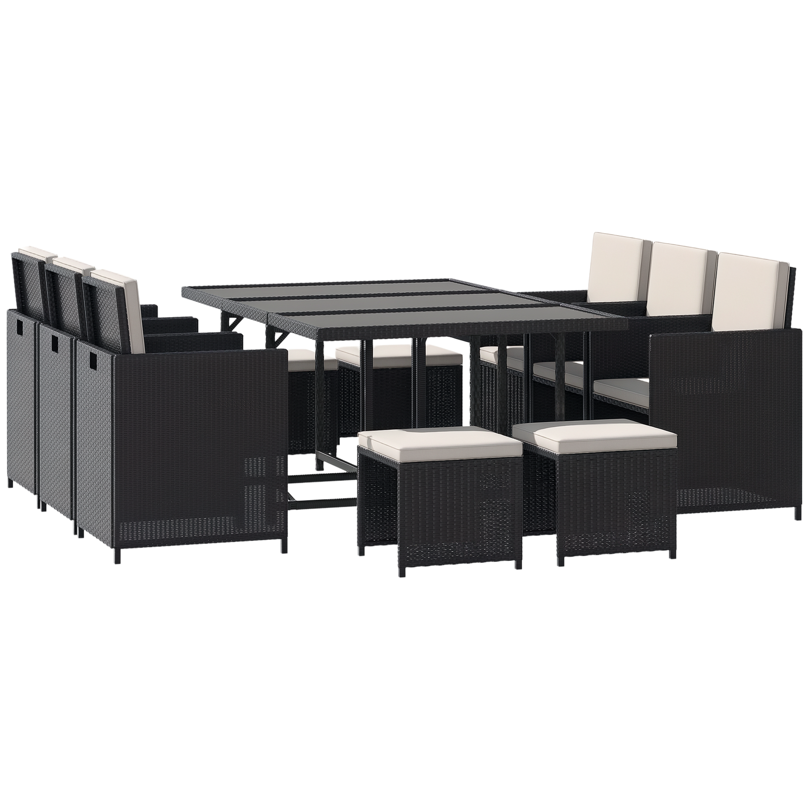 Outsunny 10 Seater Cube Rattan Dining Set W/ Cushions Glass Top Table Black