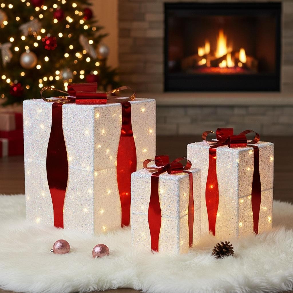 Set Of 3 LED Tall Light Up Festive Xmas Christmas Gift Parcel Box Set Decoration