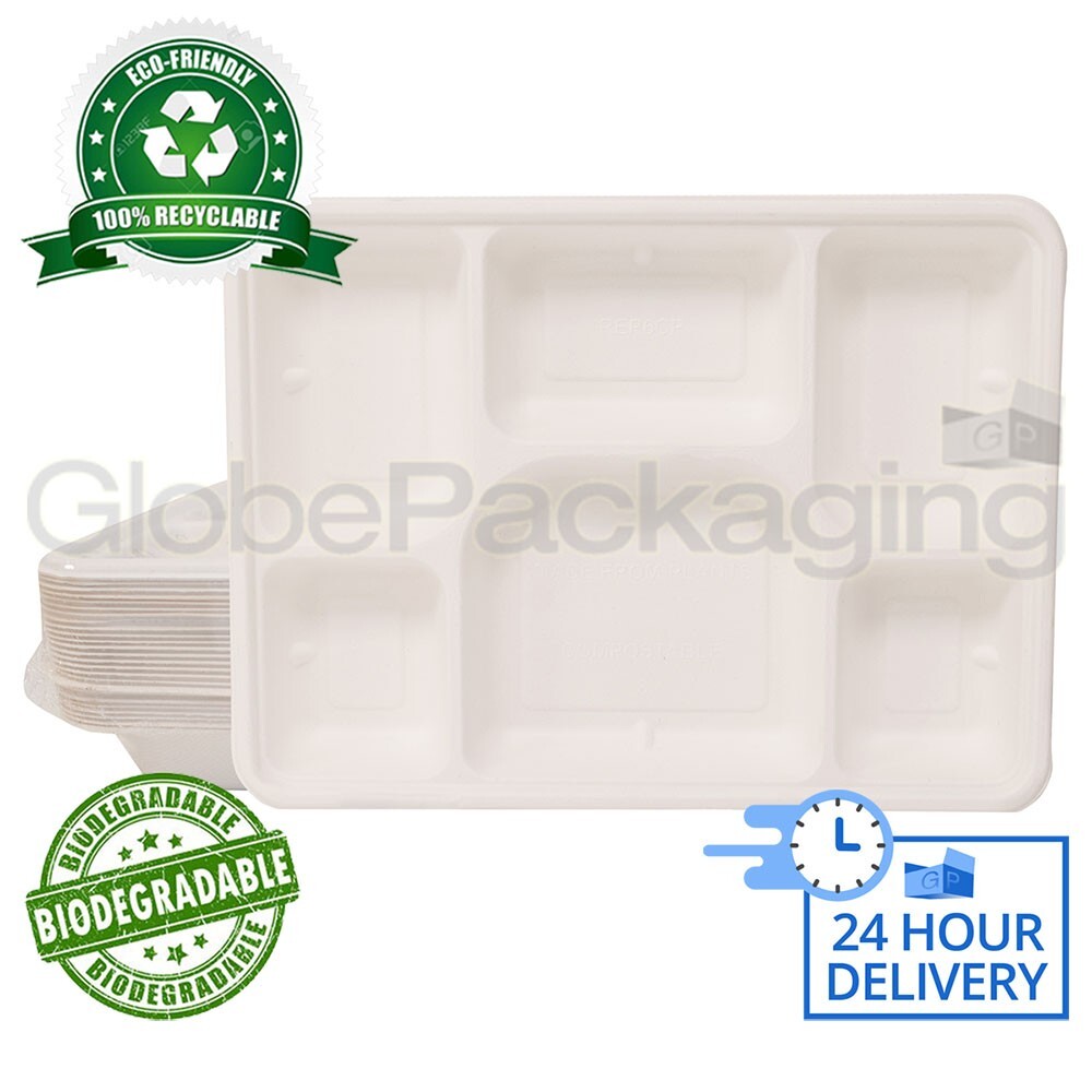 600 x PREMIUM HEAVY DUTY WHITE '6 COMPARTMENT' BAGASSE THALI PLATES - 9x12
