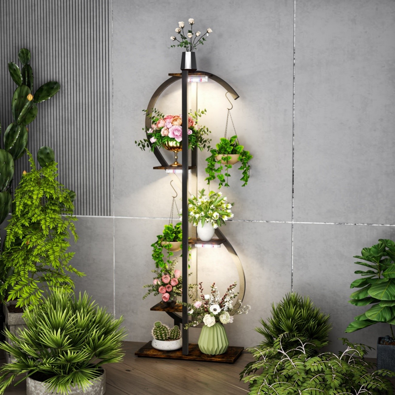 60" Tall Plant Rack Indoor Garden Flower Pots Display Stand with LED Grow Lights