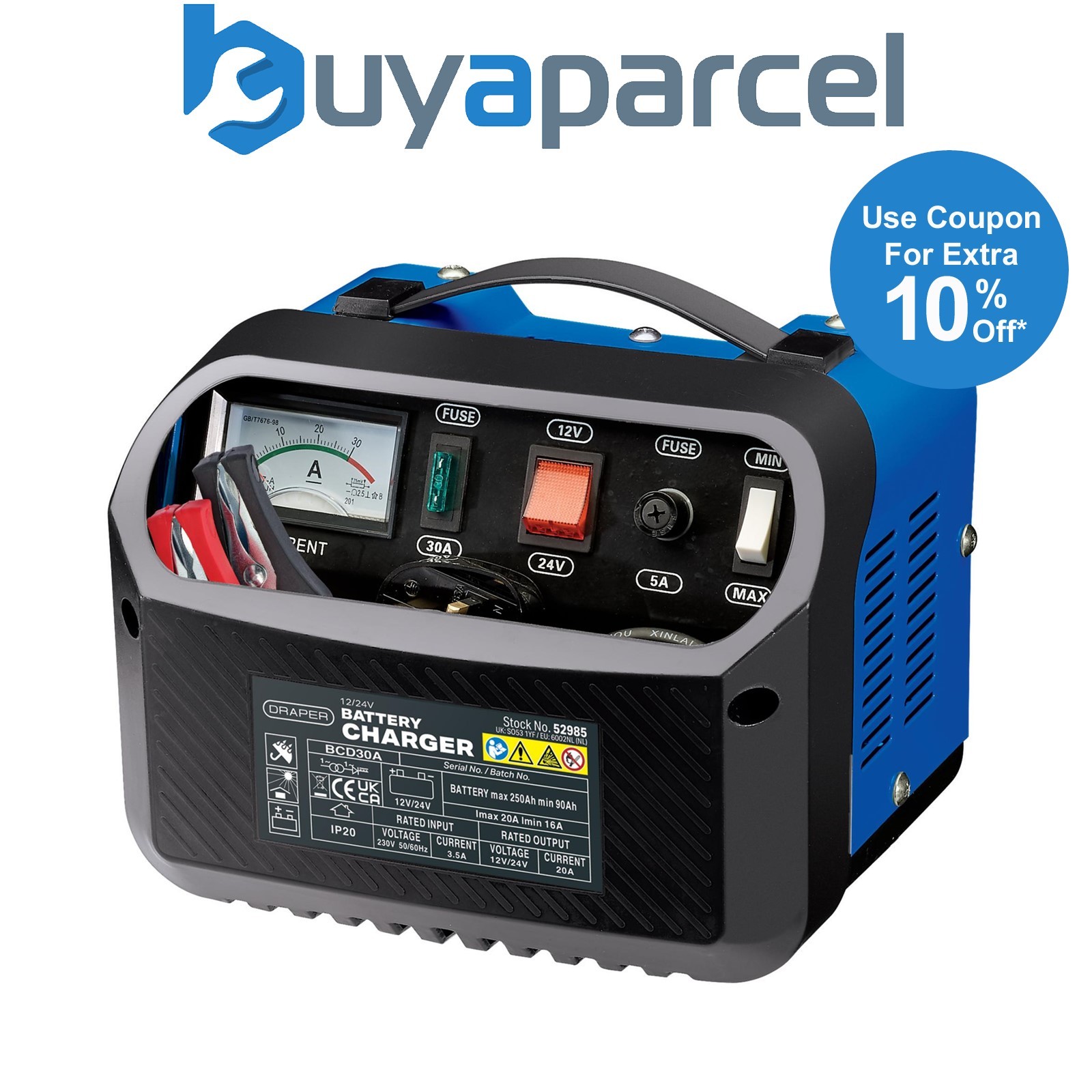 Draper 52985 12/24V Battery Charger, 16 - 20A