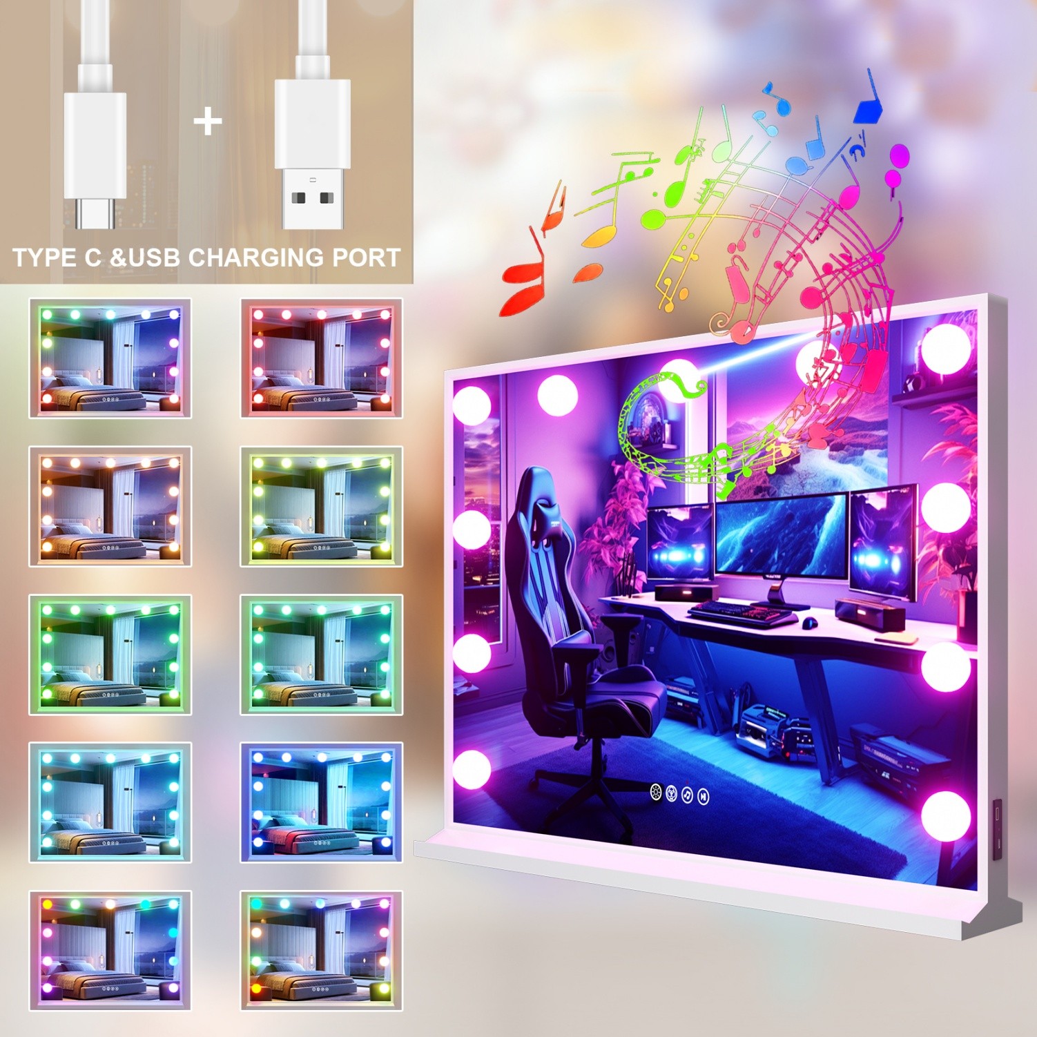 RGB Hollywood Mirror with Lights Sturdy Aluminum Frame, Bluetooth, Touch Control