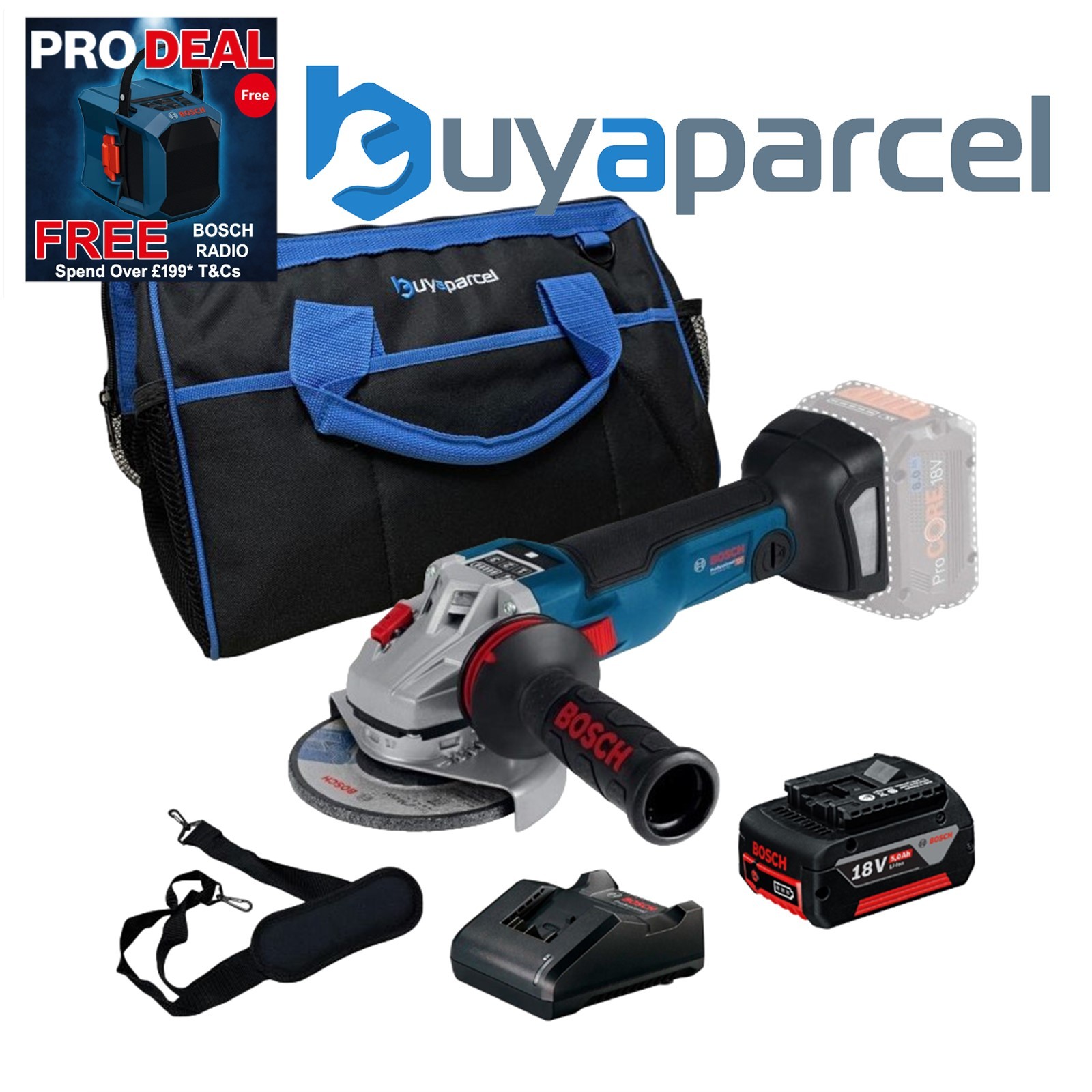 Bosch GWS V-10 115mm Brushless Cordless 18v Angle Grinder + 1x 5AH Kit + 16" Bag