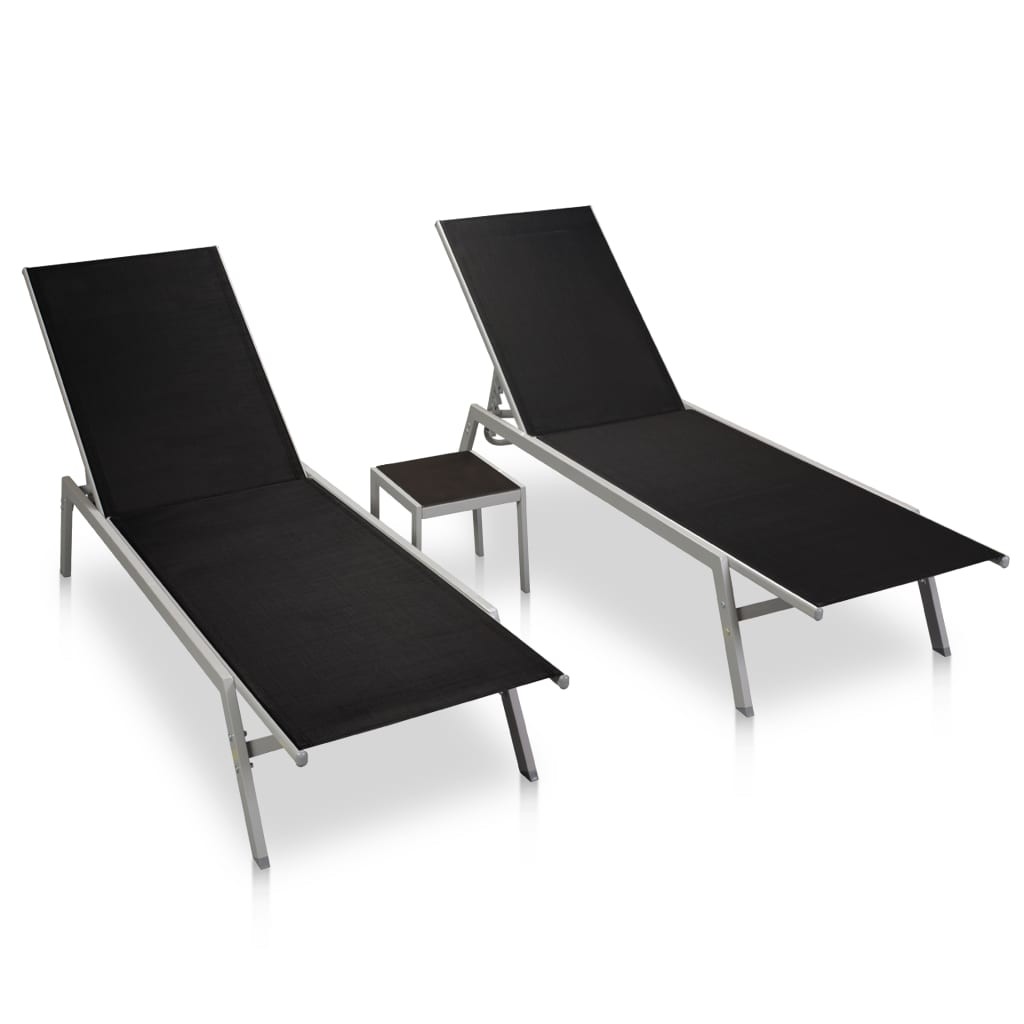 2x Sun Loungers with Table Steel and Textilene Black Outdoor Seating vidaXL
