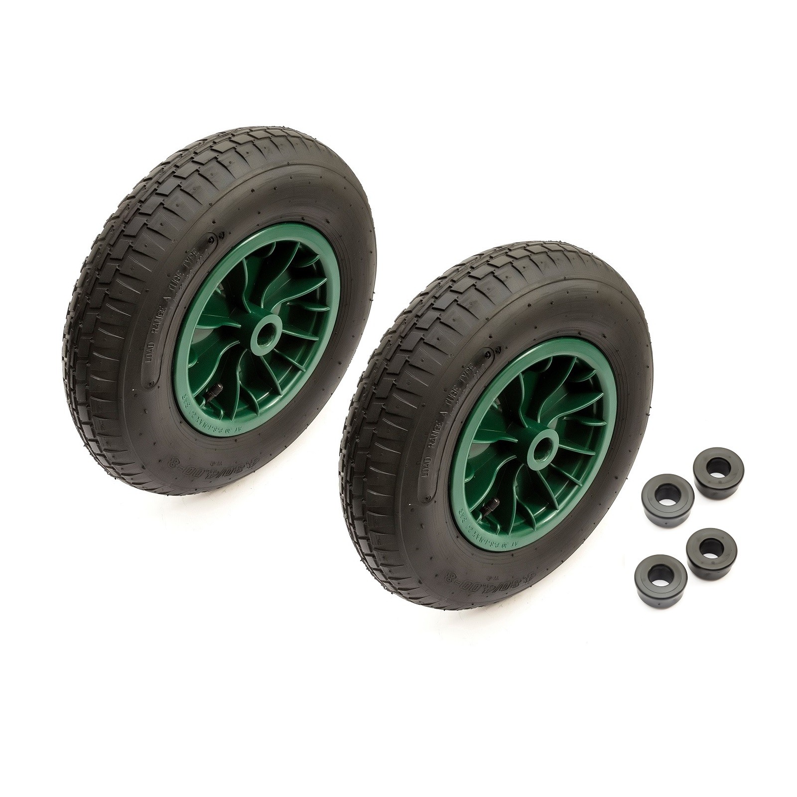 2x Wheel & Air Tyre 4.80/4.00-8 2 Ply Green 15 Inch 1" & 1/2" Bushes Wheelbarrow
