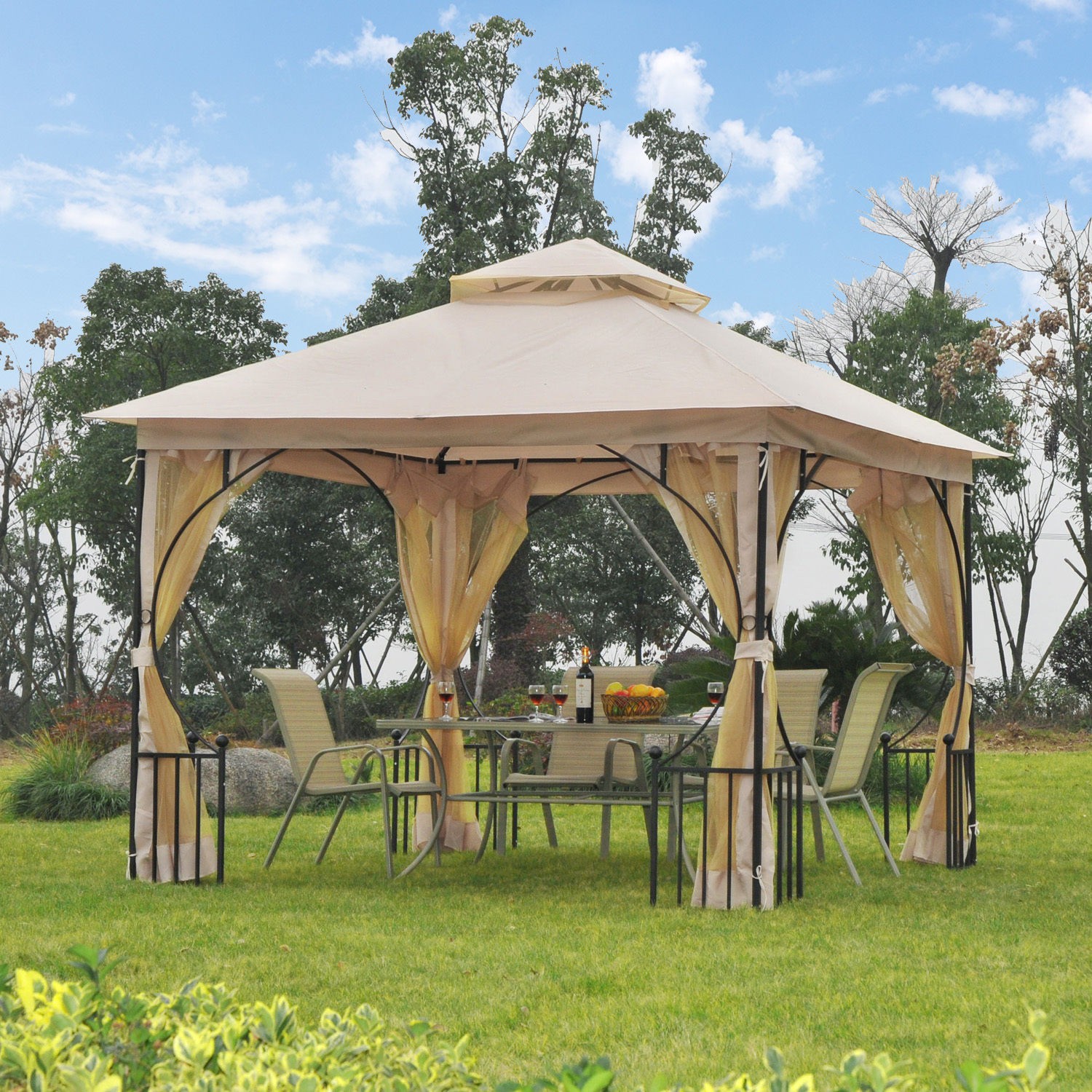 3 x 3(m) Metal Gazebo Pavilion Garden Party Tent Shelter 2-Tier Sun Shade Patio