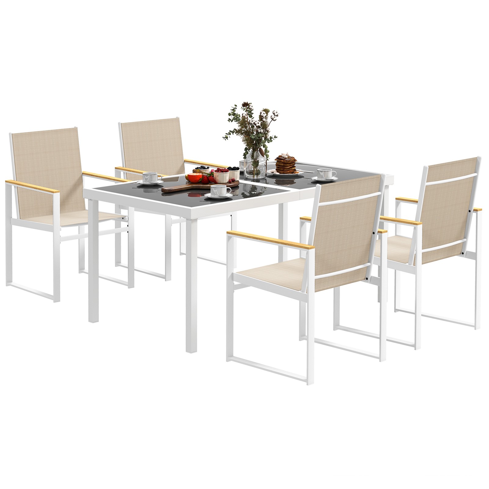 Outsunny 5 Piece Garden Table and Chairs with Tempered Glass Table Top