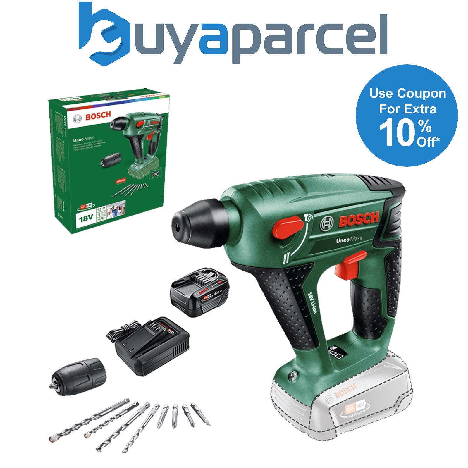 Bosch 060395230C 18v Rotary SDS Hammer Drill UNEO Maxx + Chuck 4AH Battery Kit