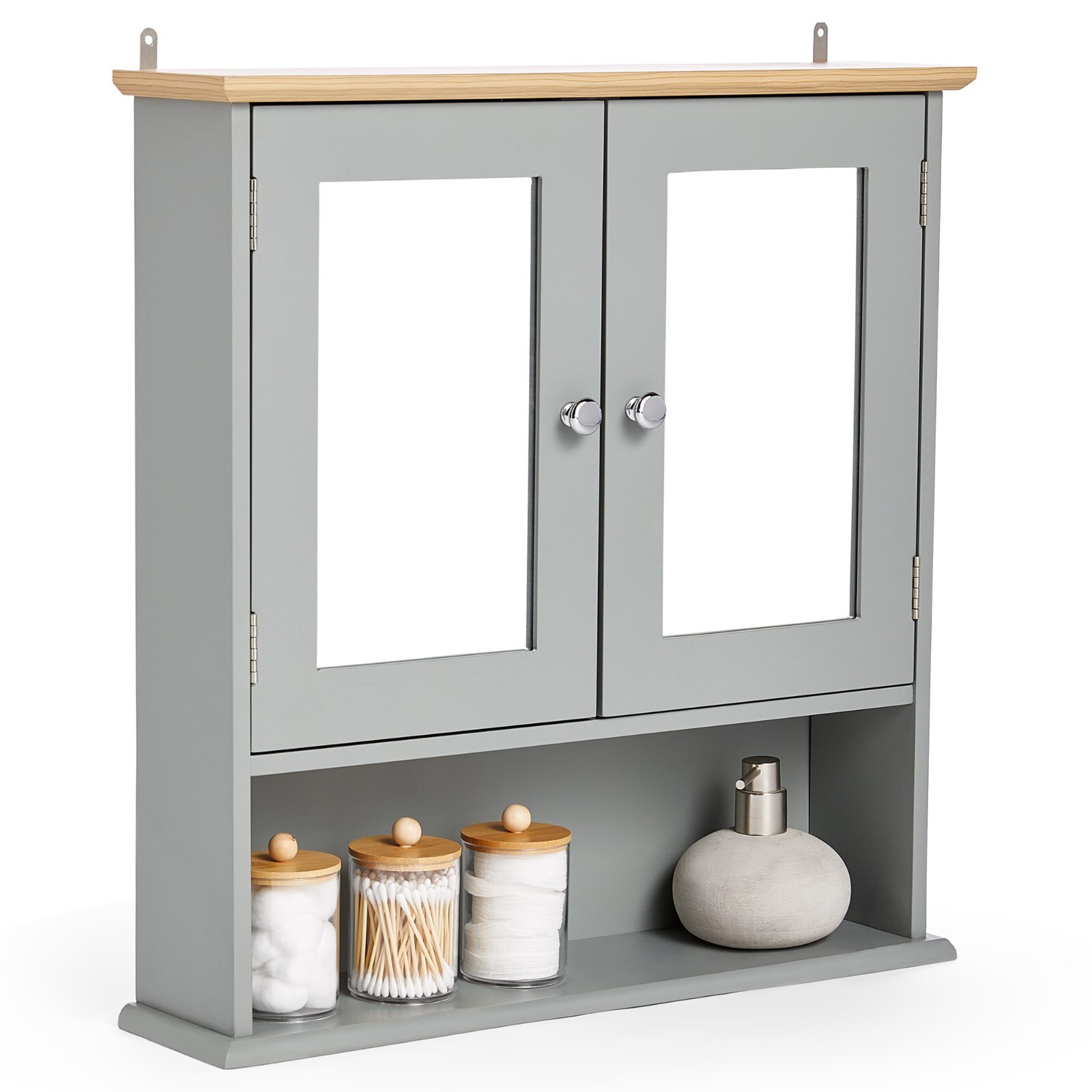 Bathroom Mirror Cabinet Wall Mounted | Grey 2 Door Storage Cupboard | VonHaus