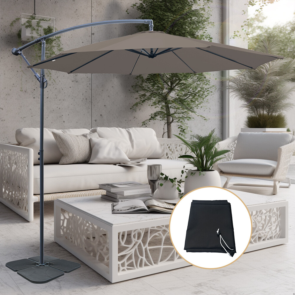 3m Banana Cantilever Umbrella Garden Patio Parasol Sun Shade w/ Base Cover Taupe