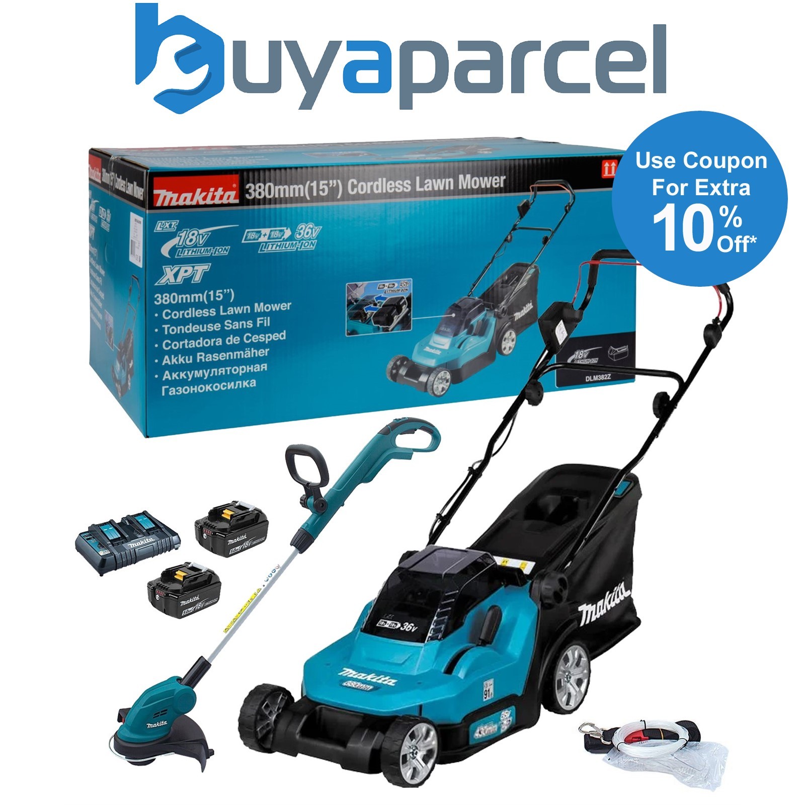 Makita DLM382PT2 18v / 36v LXT Cordless Battery Lawn Mower 2 x 5.0ah + Trimmer