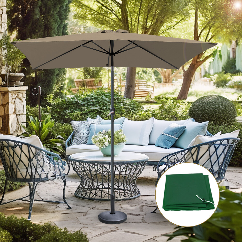 2x3m Taupe Garden Parasol Outdoor Umbrella Rectangular Tilt Crank w/ Base Cover