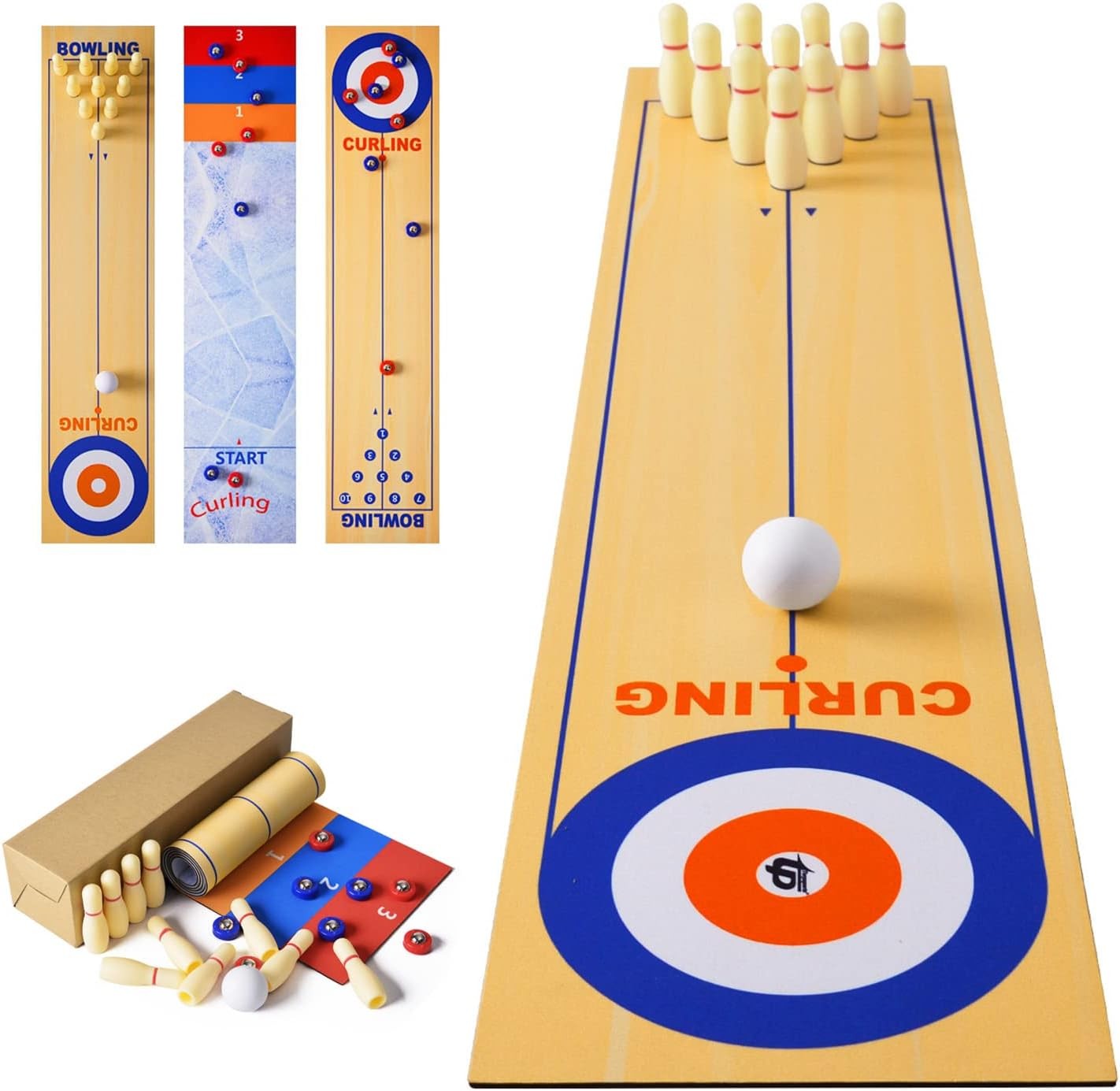 3 in 1 Table Top Shuffleboard Pucks and Bowling Ball and Curling Games, Mini Ta