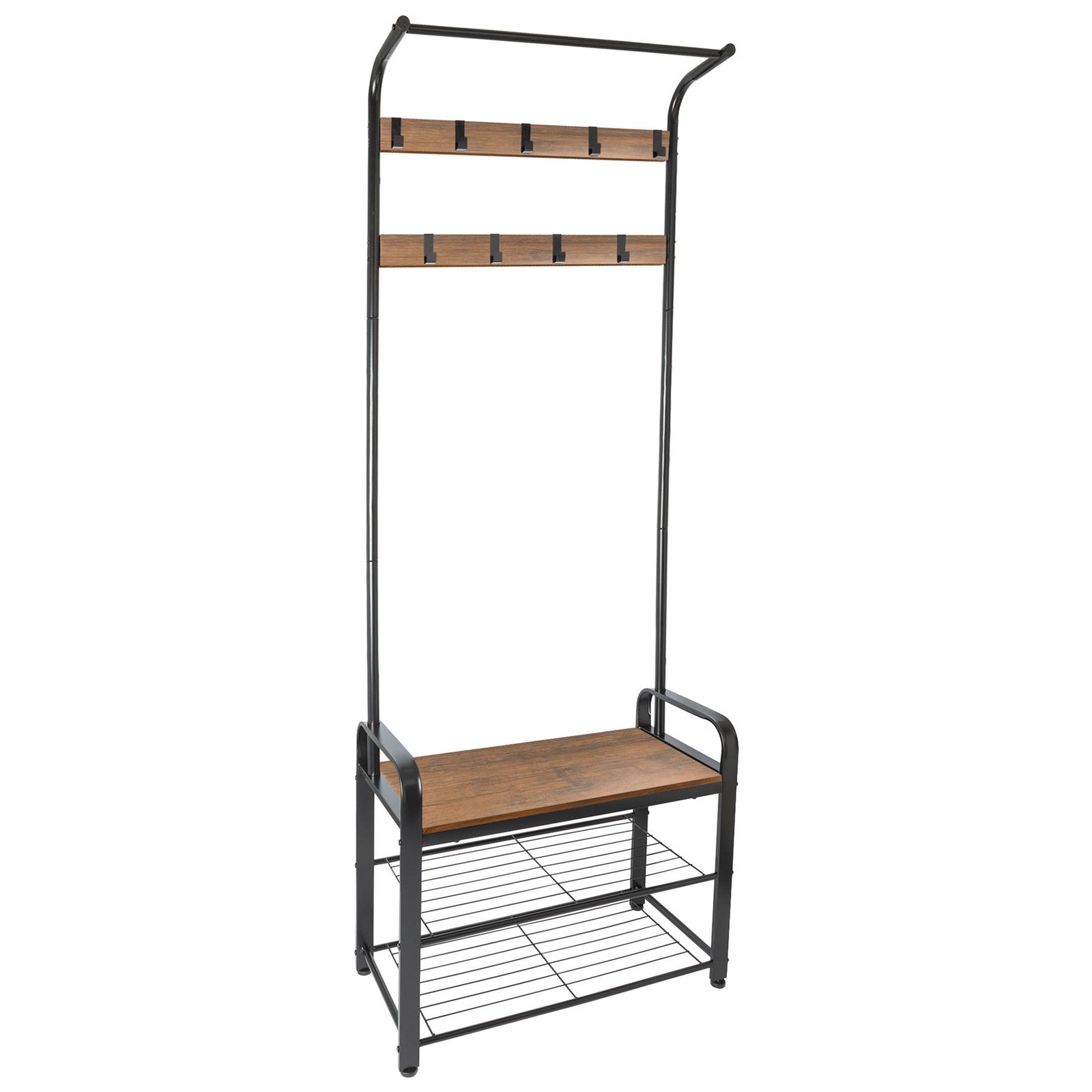 1x Steel Coat Rack with Shoe Storage Bench Curved Clothes Hat Stand Black/Brown