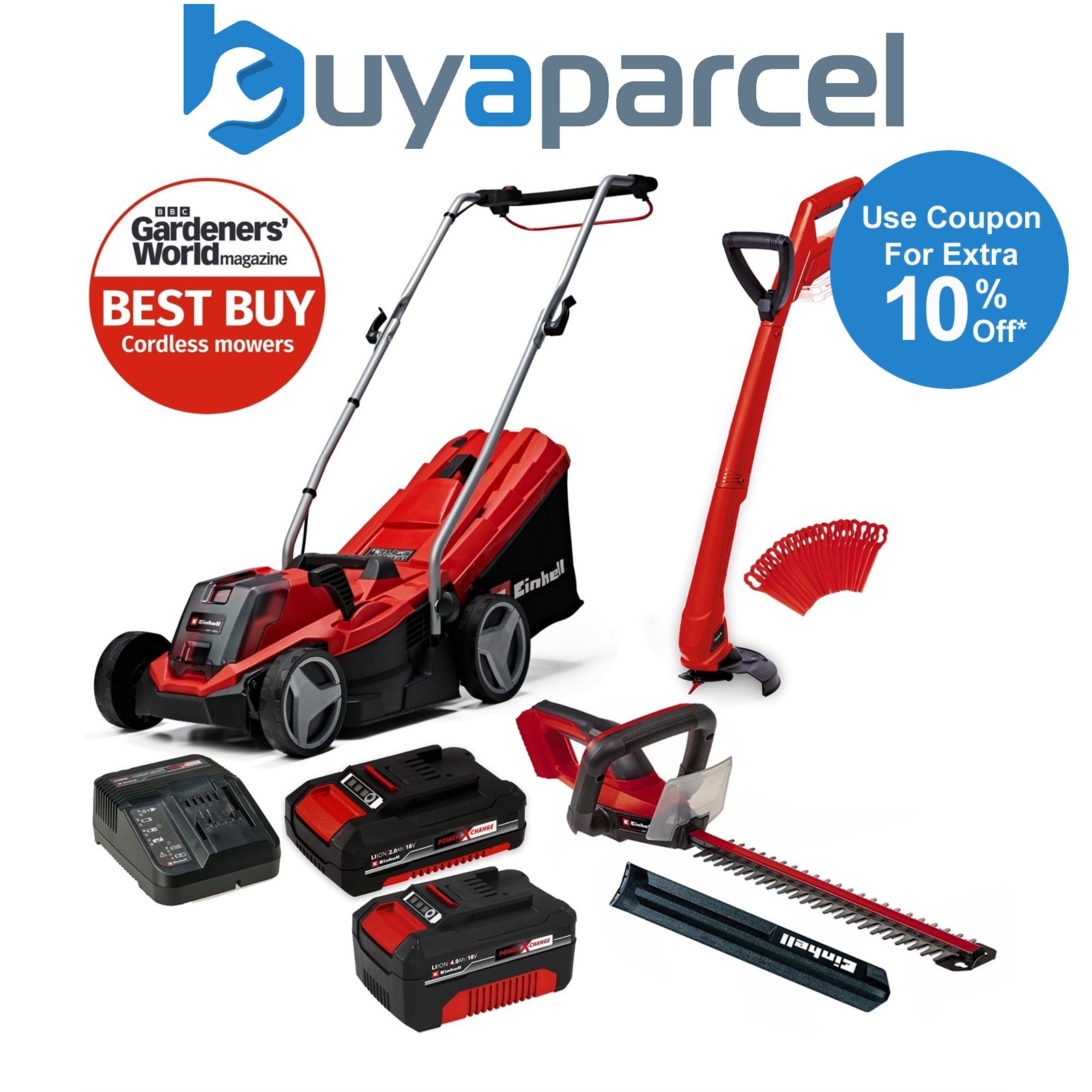 Einhell Cordless 18v Lawnmower 33cm Cut Brushless + Grass Trimmer + Hedge Cutter