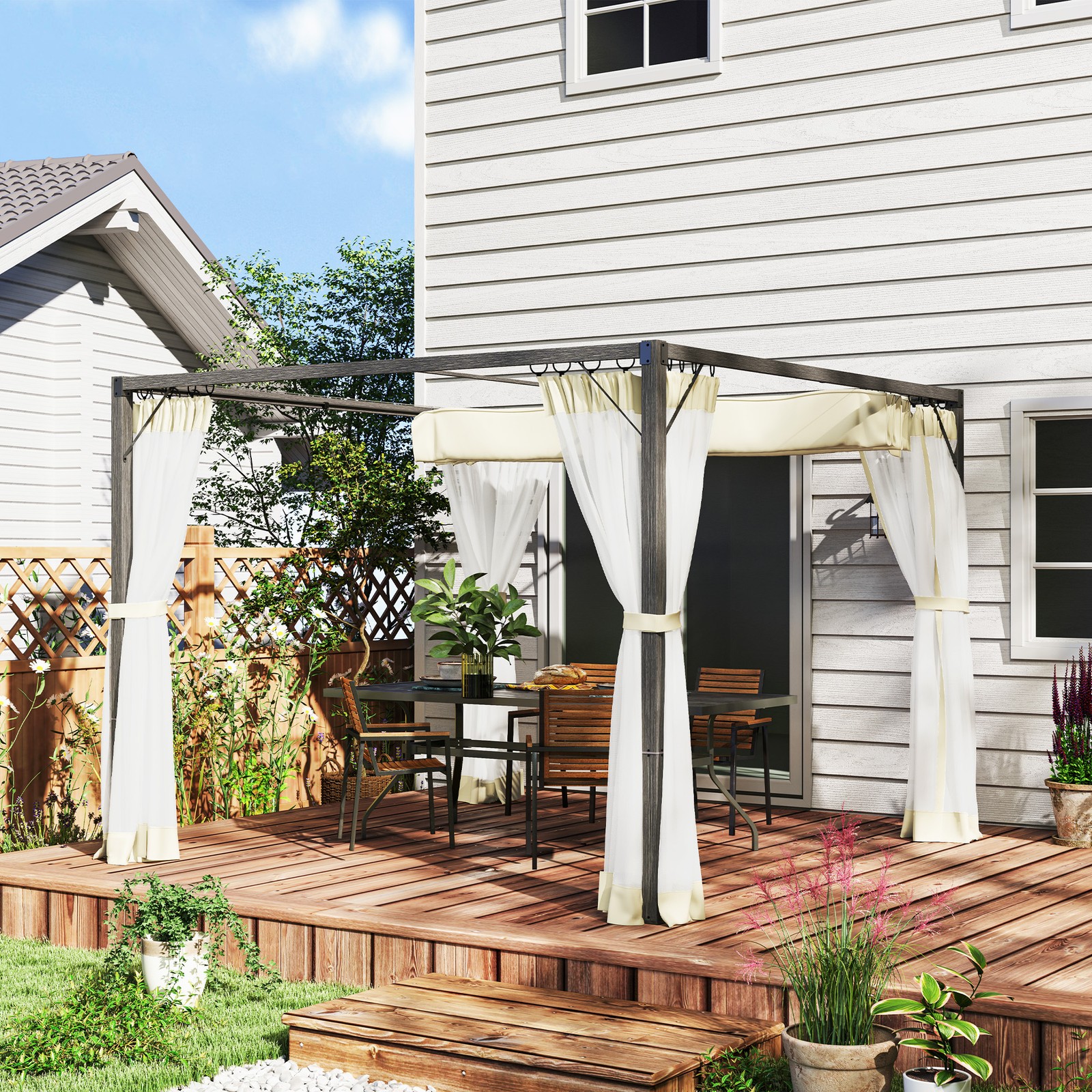 Outsunny 3 x 3 m Pergola with Retractable Roof and Netting, Khaki