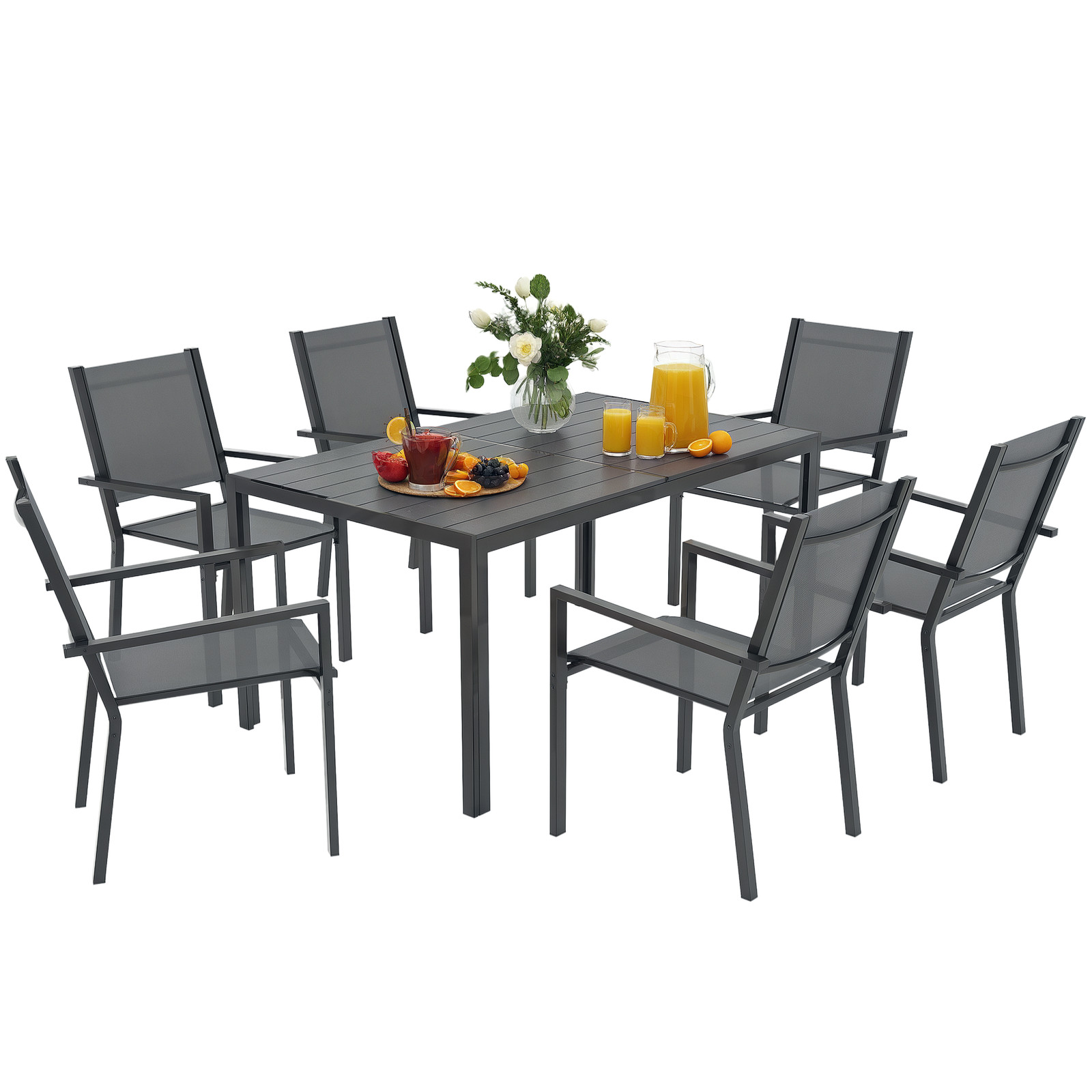 Outsunny 7 Piece Garden Dining Set, Outdoor Furniture w/ 6 Stackable Chairs