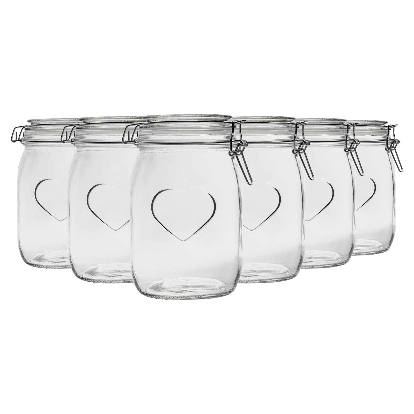 6x Heart Glass Storage Jars Food Container Clip Lid 1 Litre Clear Seal
