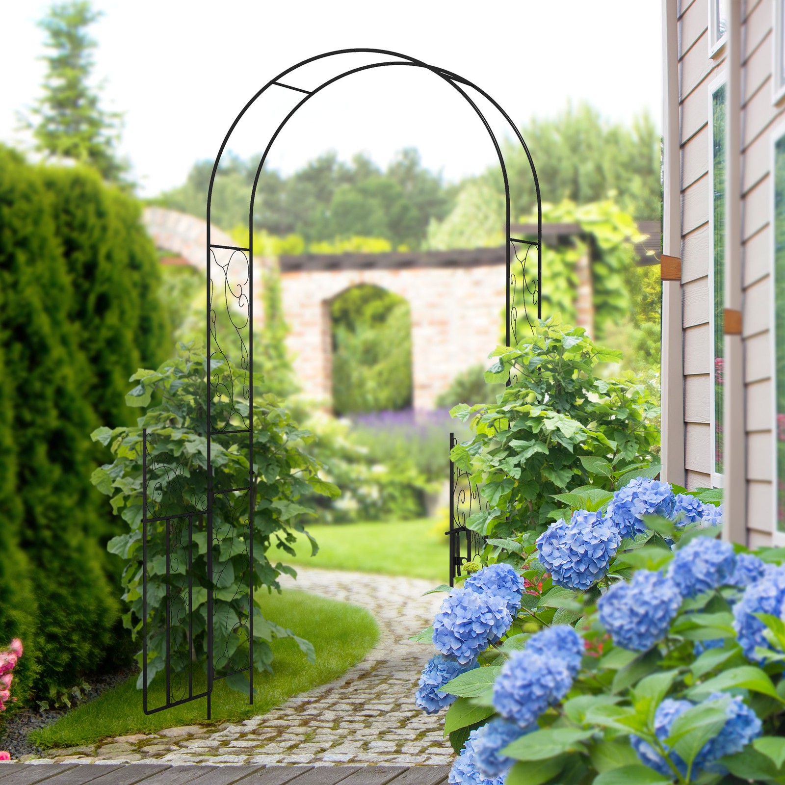 Metal Garden Arch with Double Gate, Garden Arbor for Climbing Plants
