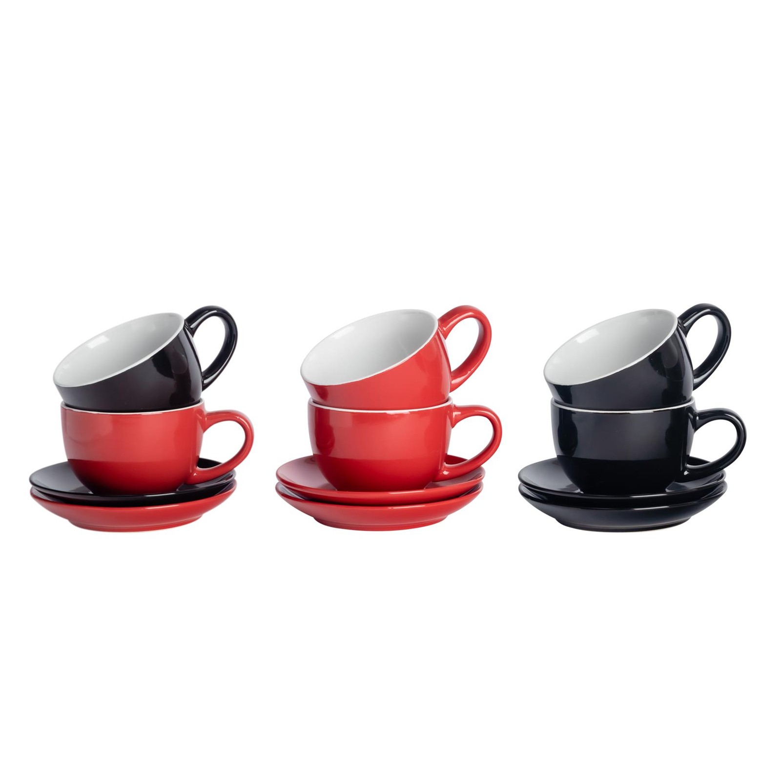 6x 12 Piece Coloured Cappuccino Cup & Saucer Set Tea Coffee Cups 250ml Red/Black