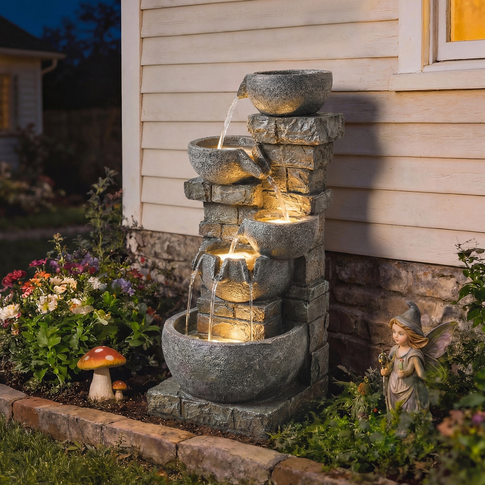 Outsunny 5 Tiers Outdoor Water Fountain with LED Lights for Garden, Mixed
