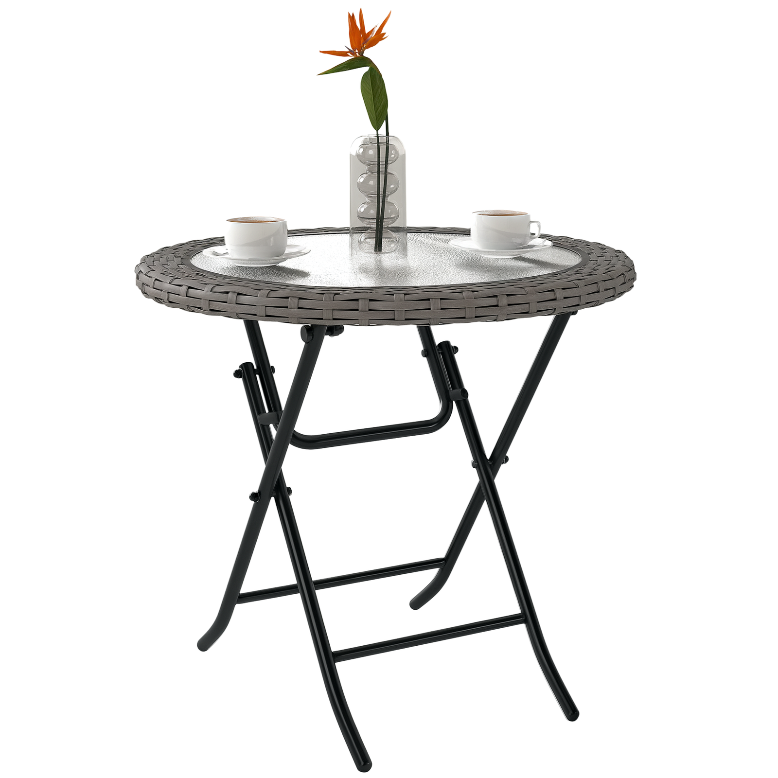 Outsunny Folding Round Tempered Glass Metal Table with Grey Rattan Edging