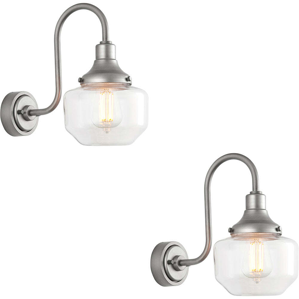 2 PACK IP44 Outdoor Wall Light - Brushed Slilver Swan Neck Lamp - Clear Glass