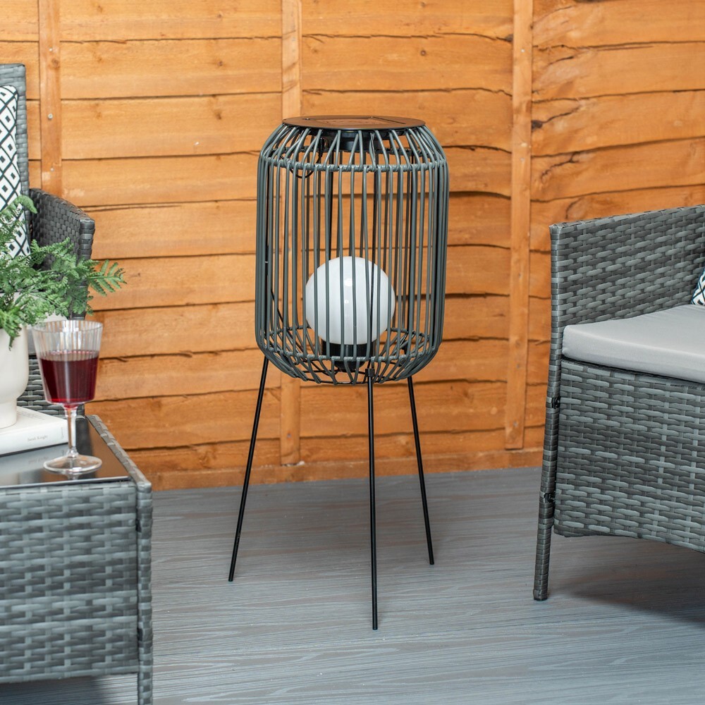 Solar Outdoor Black Squat Tripod Lamp Rattan Globe Bulb Garden Patio LED Lights