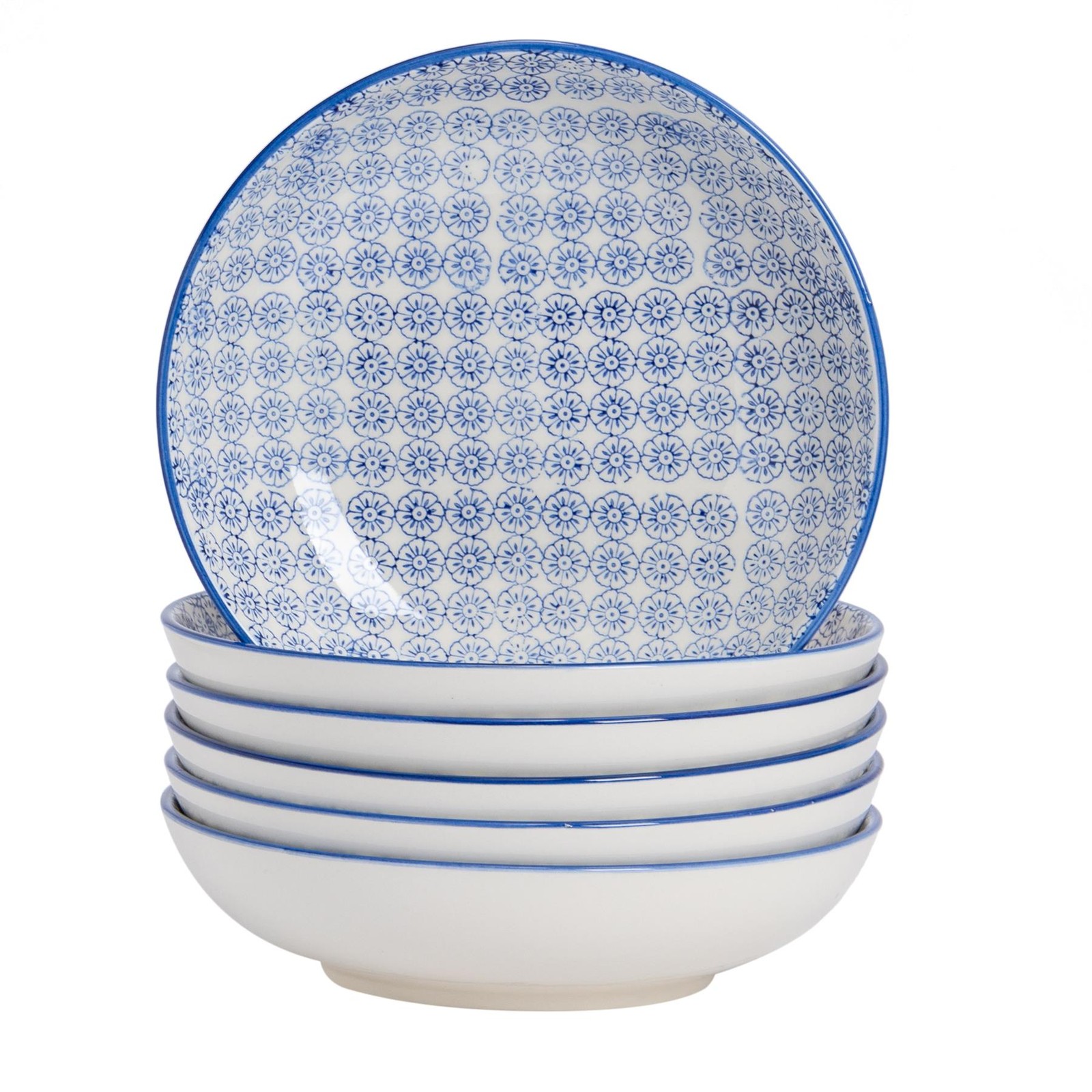 6x Hand-Printed Pasta Bowls Porcelain Ramen Salad Serving Bowl 22cm Navy