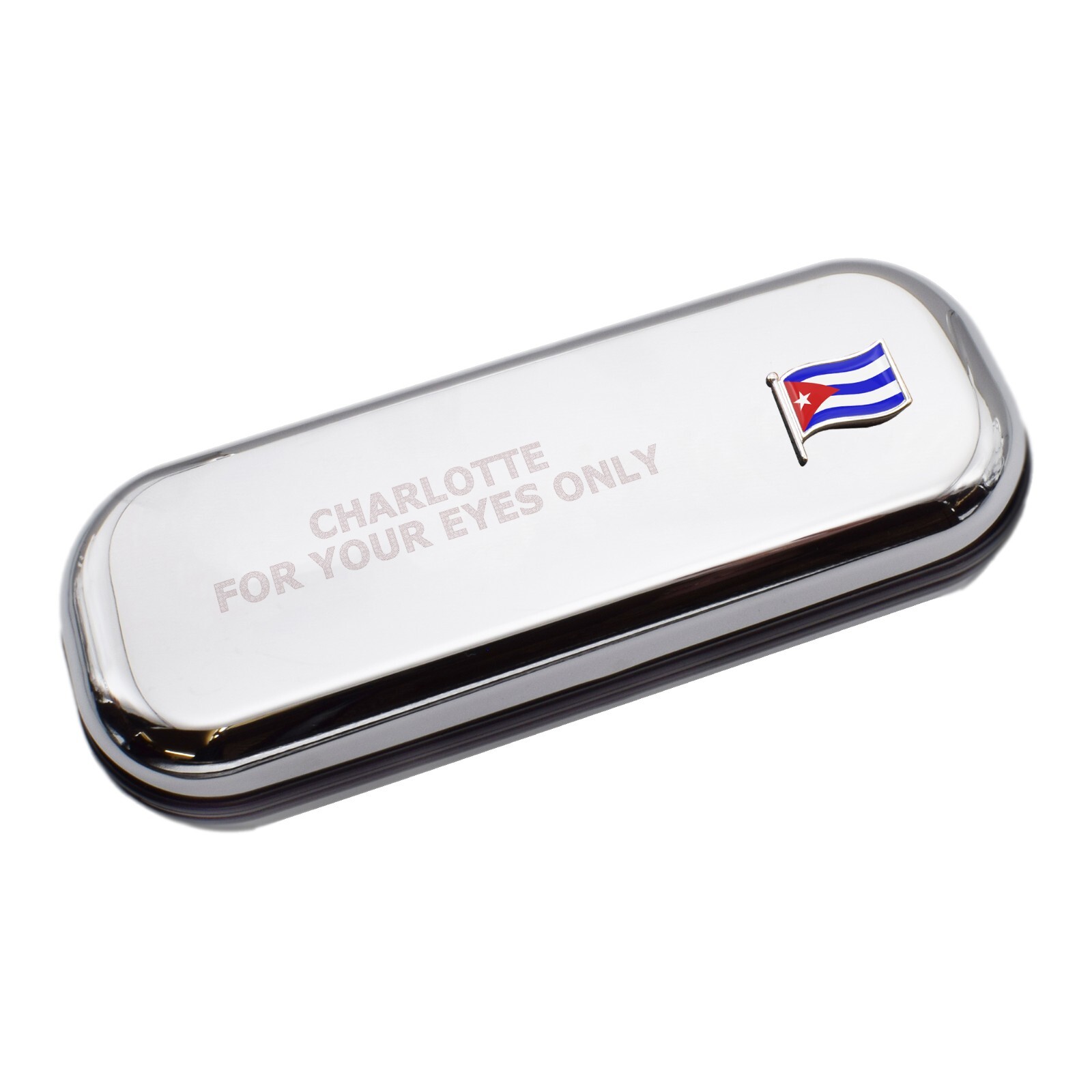 Cuba Wave Flag & Engraved With Message Chromed Glasses Case Box