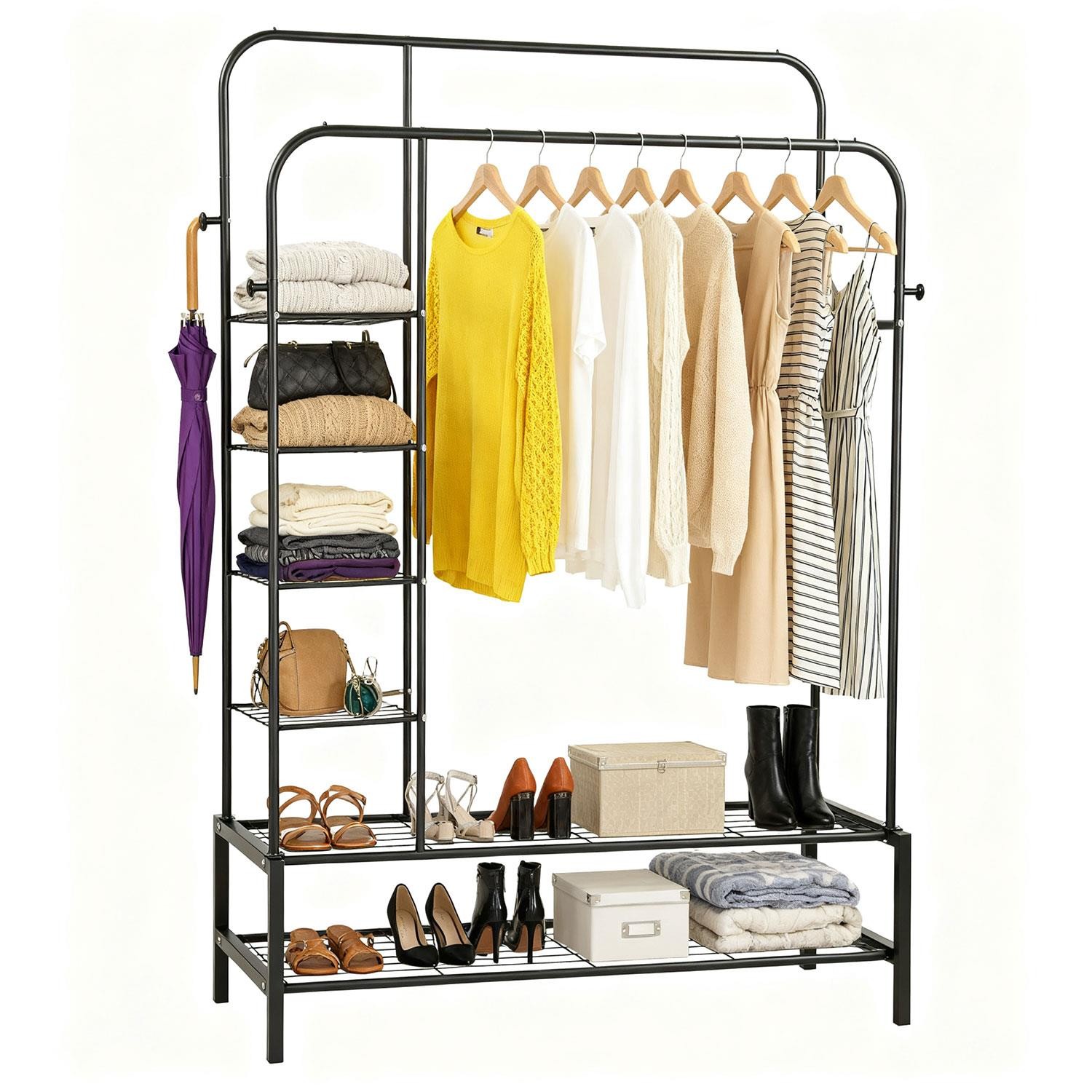 Heavy Duty Black Double Clothes Rail Sturdy Metal Rack with 4 Shelfs & Shoe Rack