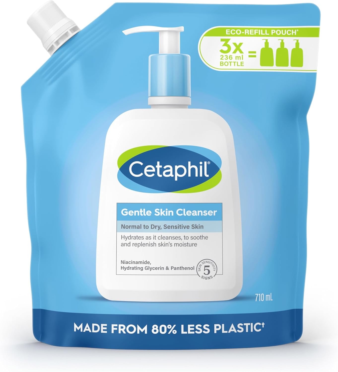Cetaphil Gentle Skin Cleanser Eco Refill Pouch, 710ml, Face & Body Wash, for No