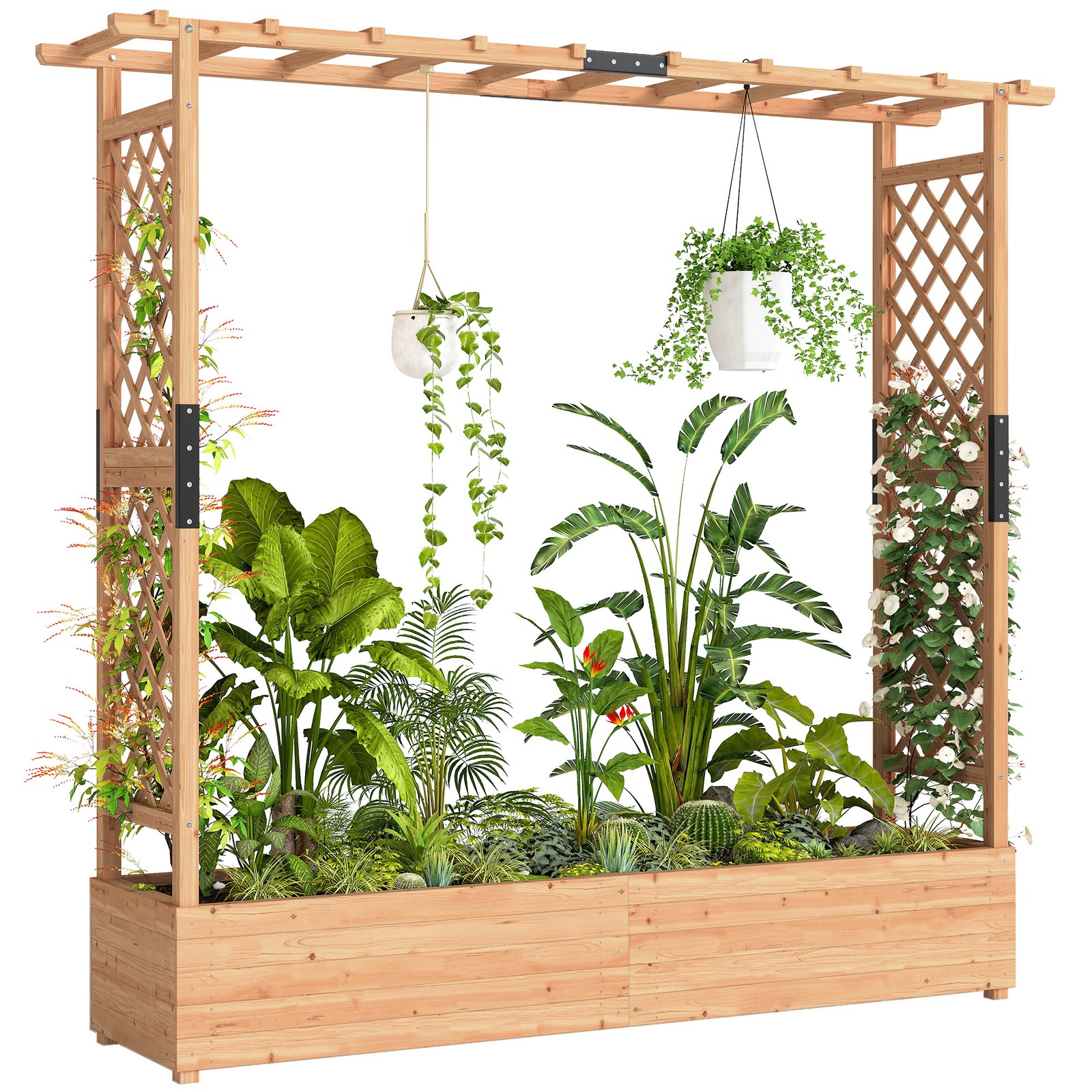 Outsunny Raised Bed for Garden with Trellis, 196 x 44 x 181 cm, Natural