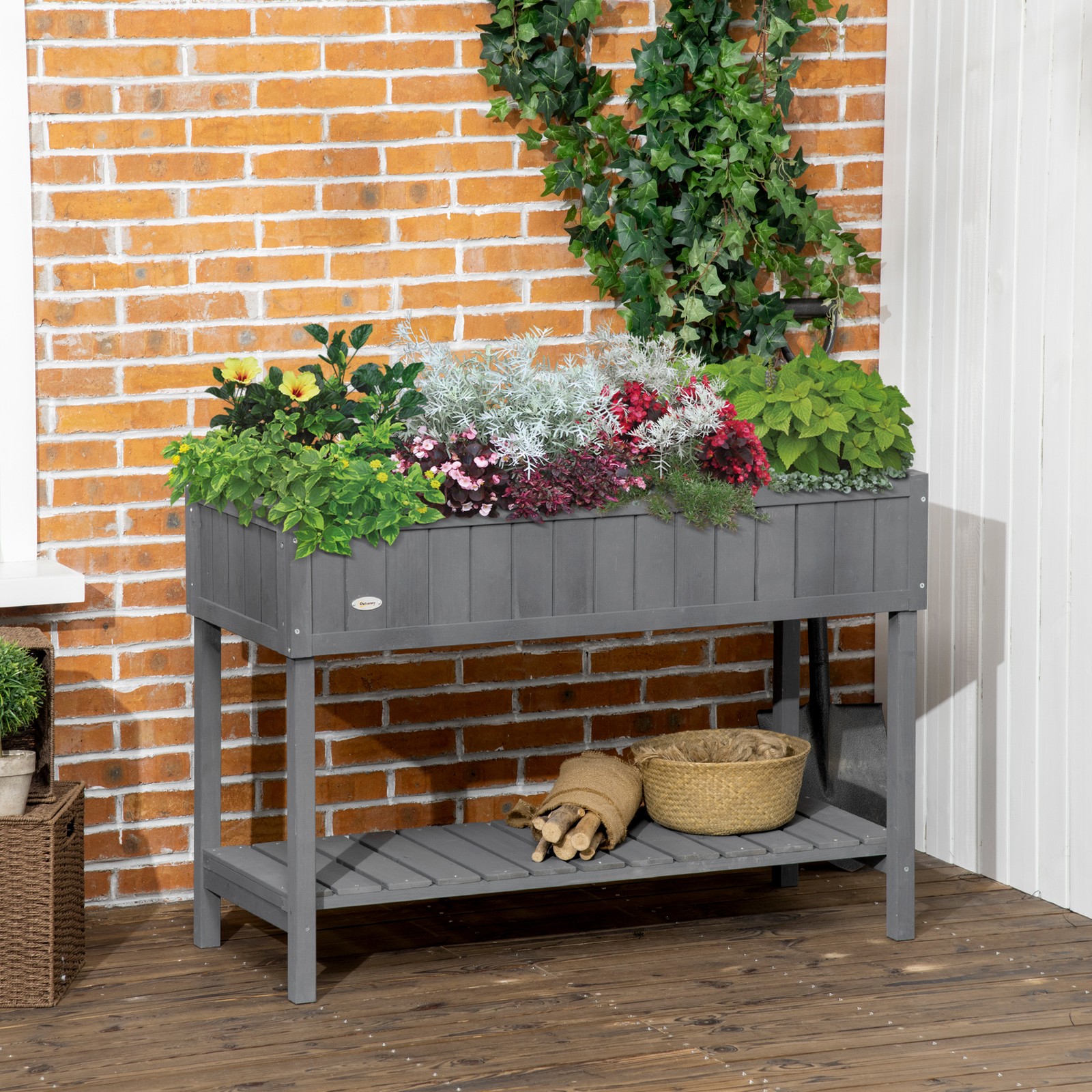 Elevated Wooden Garden Vegetable Planter Stand Patio w/ Bottom Shelf Dark Grey