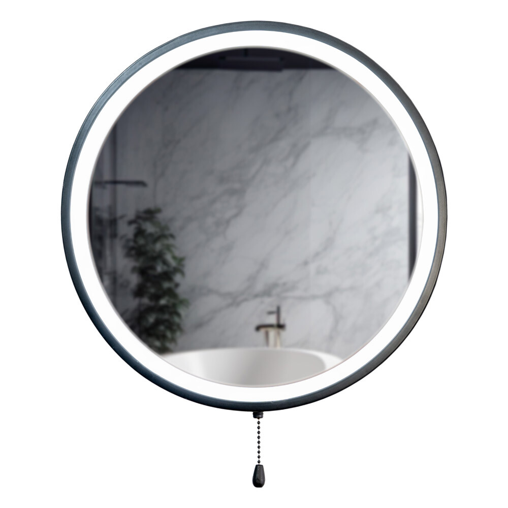 Matt Black Bathroom Mirror Round Battery Operated Pull Switch Integrated LED